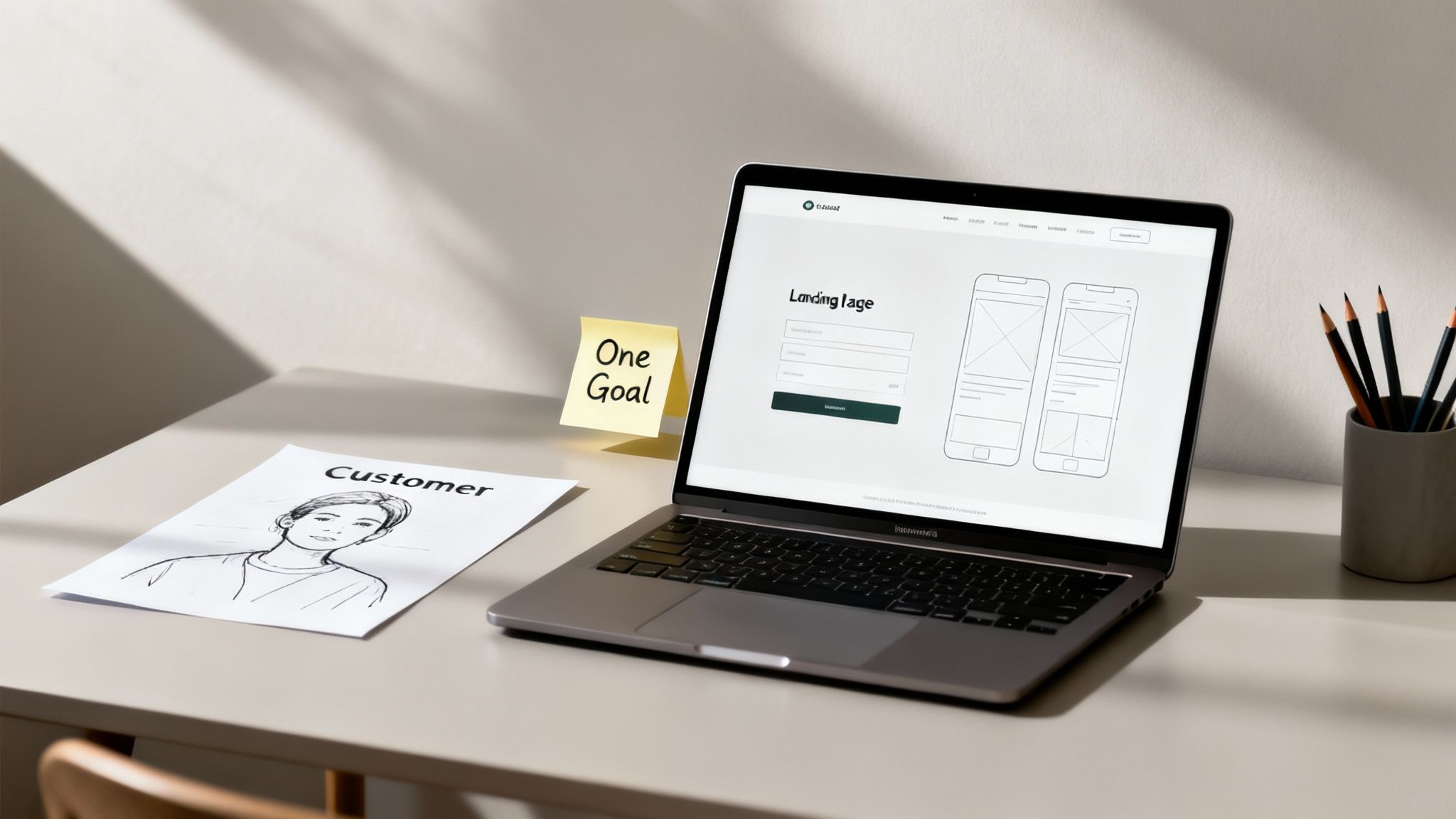 A desk setup with a laptop showing a landing page wireframe, a customer persona printout, and a 'One Goal' sticky note.
