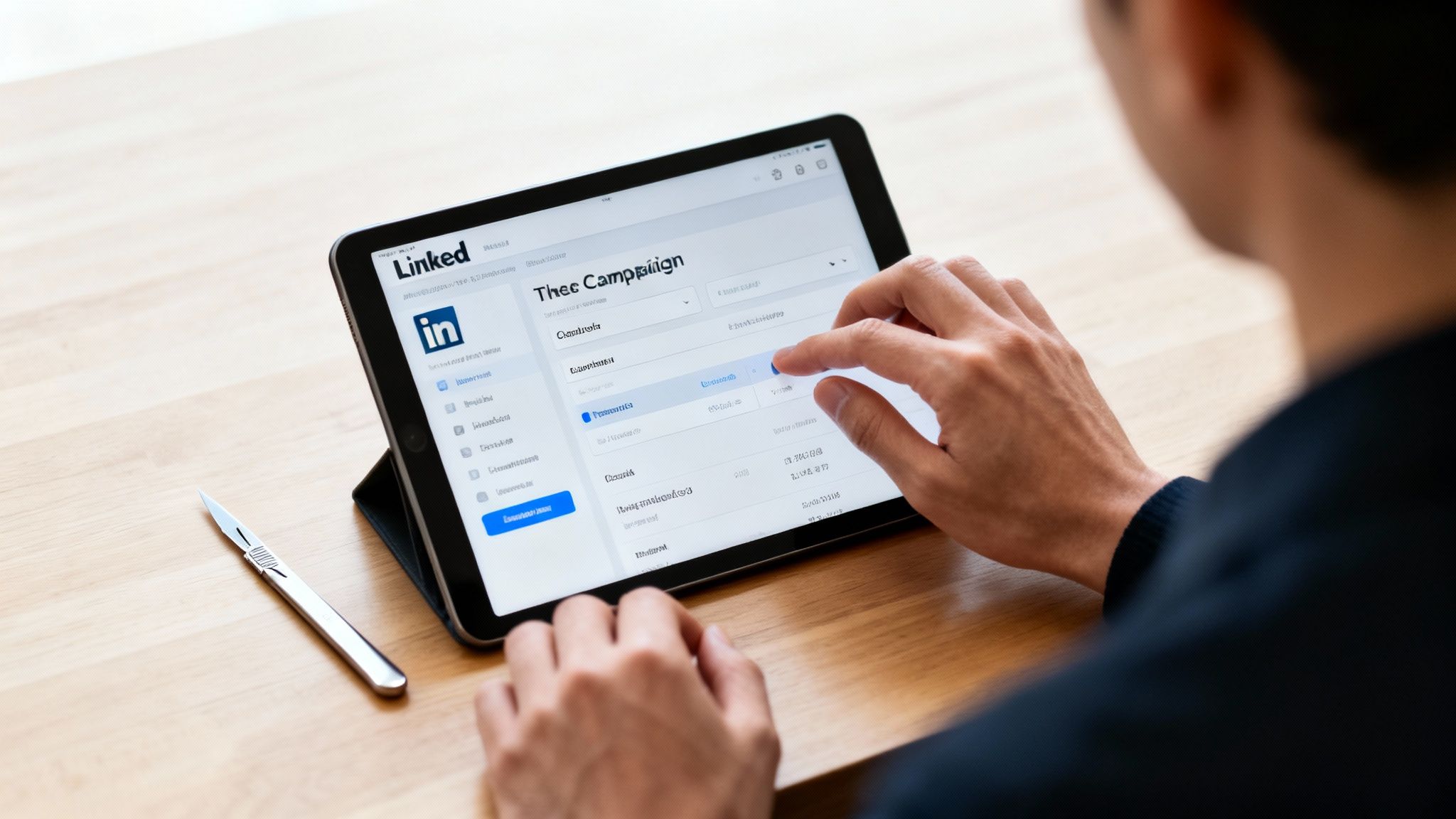 Over-the-shoulder view of a person managing a LinkedIn ad campaign on a tablet.