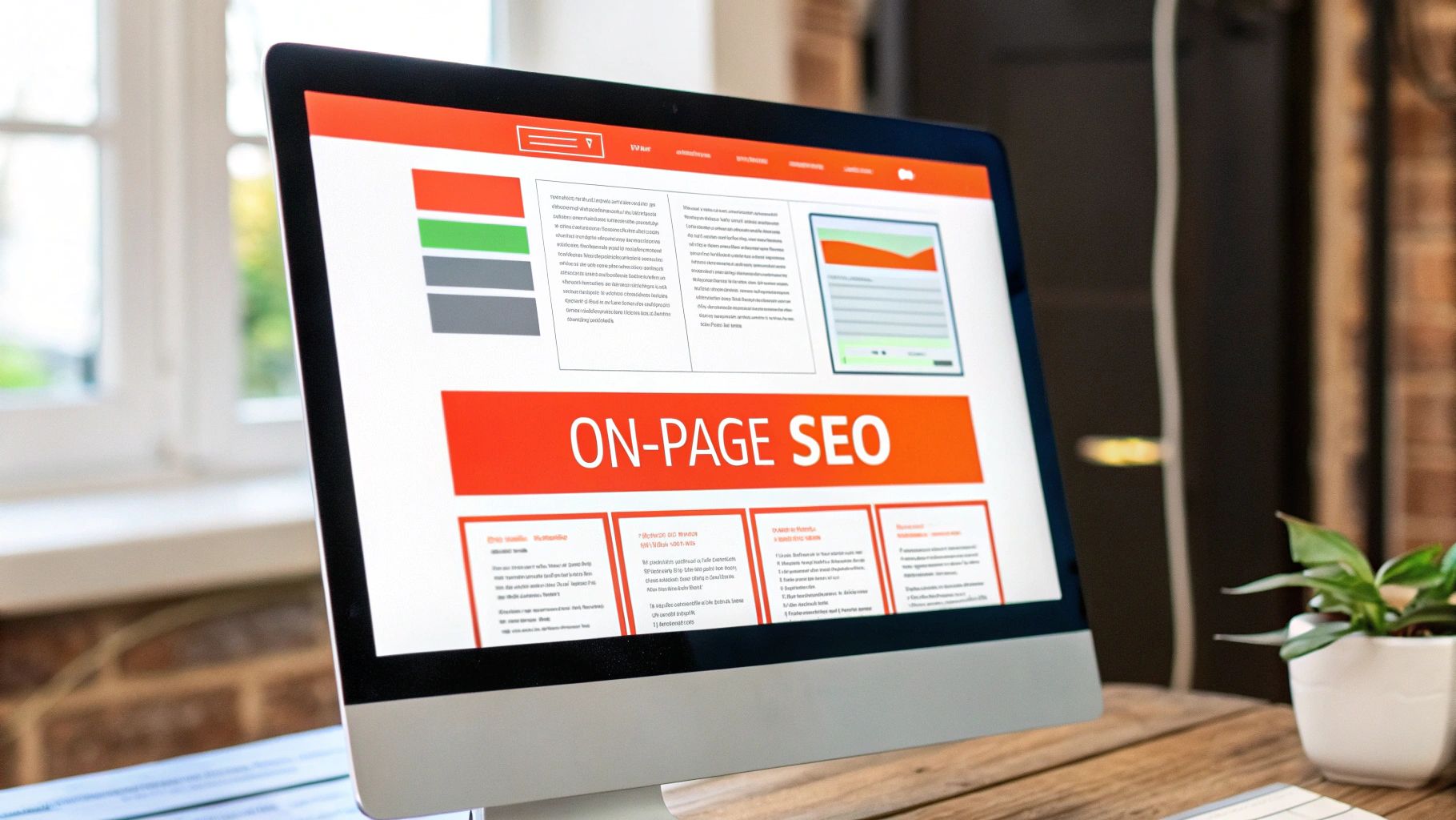 An image showing a person working on a person working on a laptop with website elements like text, images, and headings highlighted.