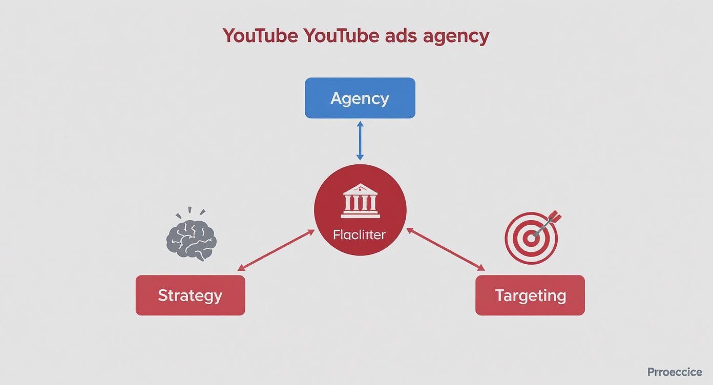 YouTube ads agency workflow diagram showing facilitator connecting agency with strategy and targeting components