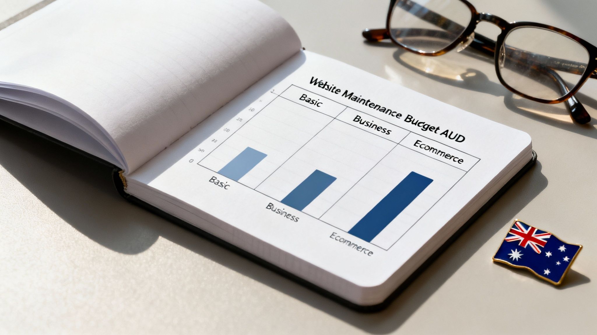 A bar chart in a notebook illustrates website maintenance budget in AUD for Basic, Business, and Ecommerce plans.