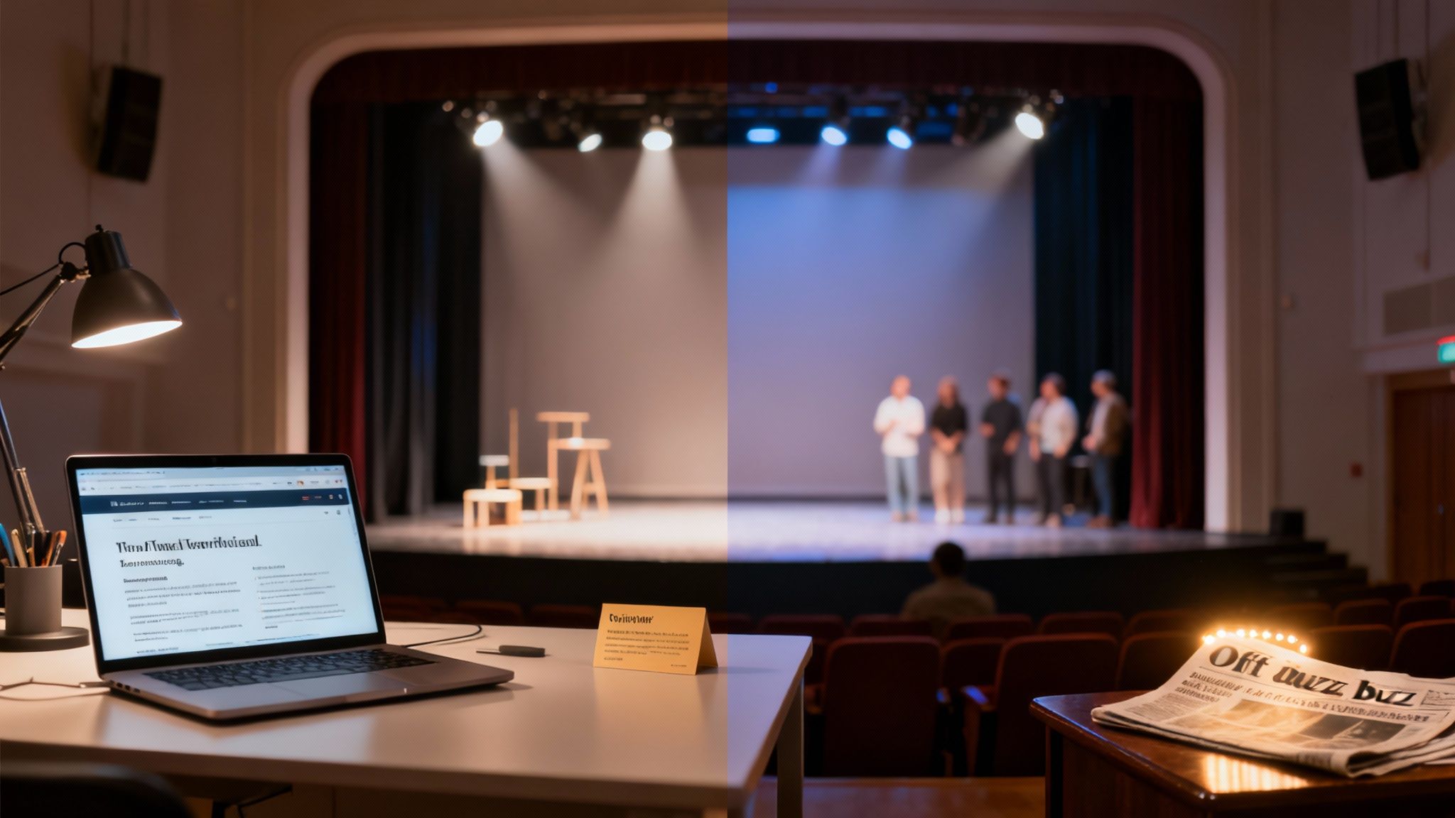 A laptop and desk lamp on a table in an auditorium, with a stage and people in the background.