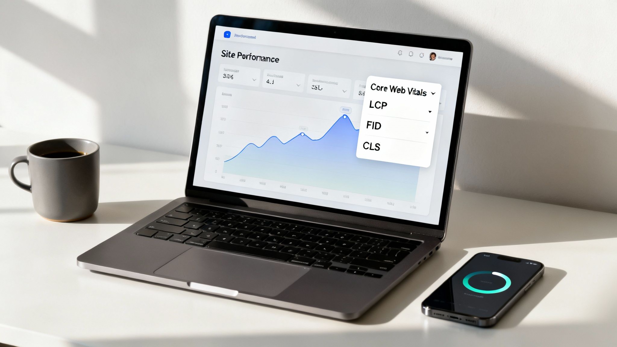 Laptop showing site performance dashboard with Core Web Vitals dropdown, coffee mug, and smartphone.