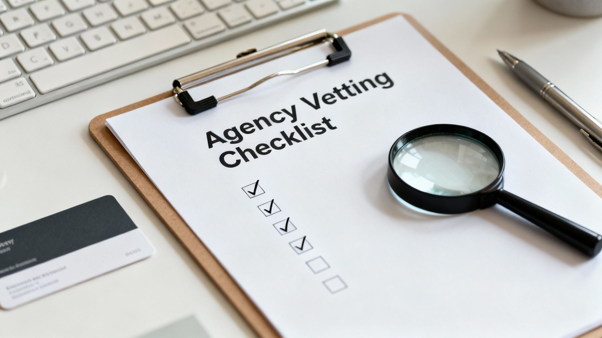 A clipboard with an 'Agency Vetting Checklist' document, showing checked boxes, a magnifying glass, and a pen.