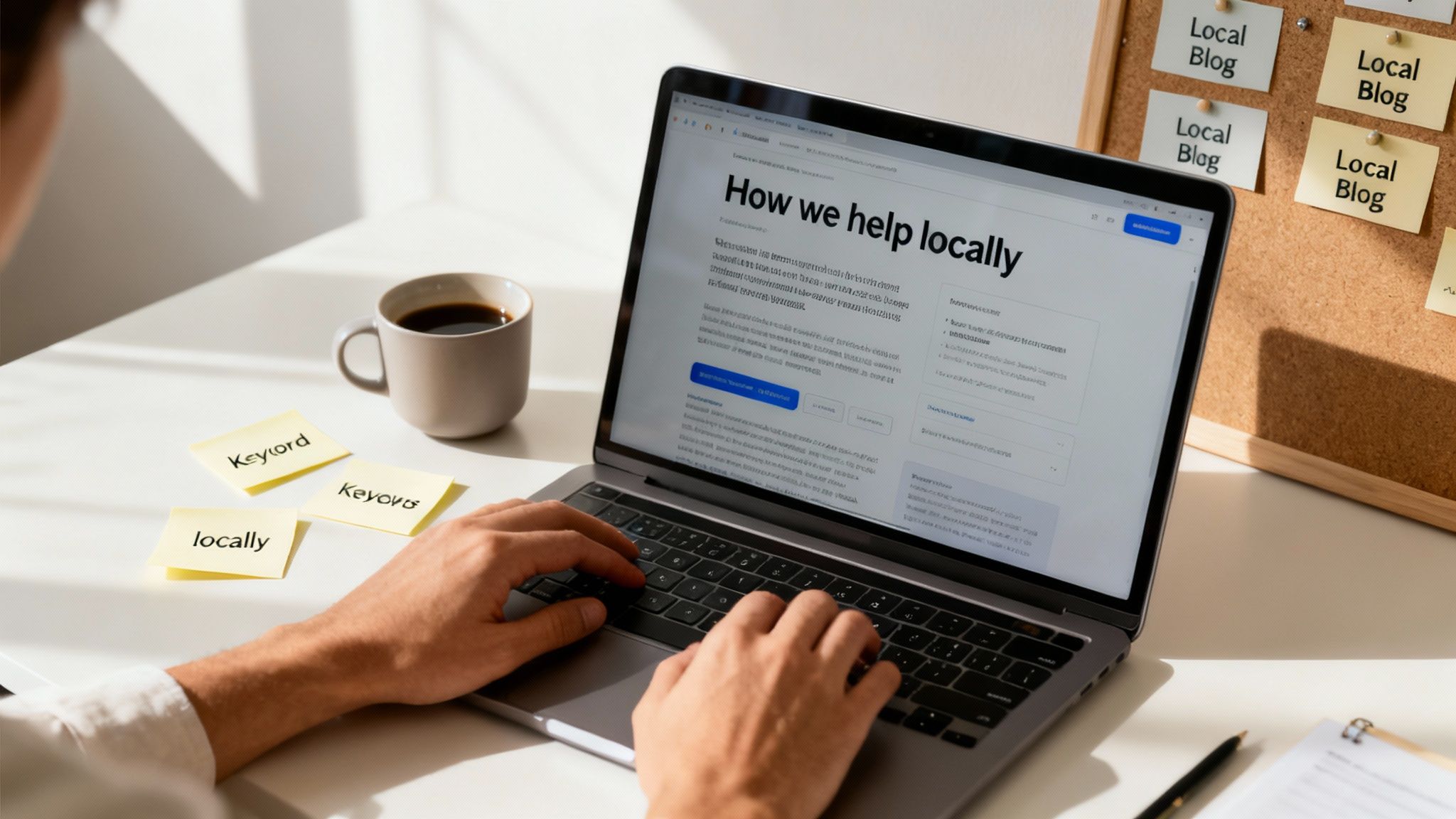 Person typing on a laptop with local SEO keywords, coffee, and a 'Local Blog' corkboard.