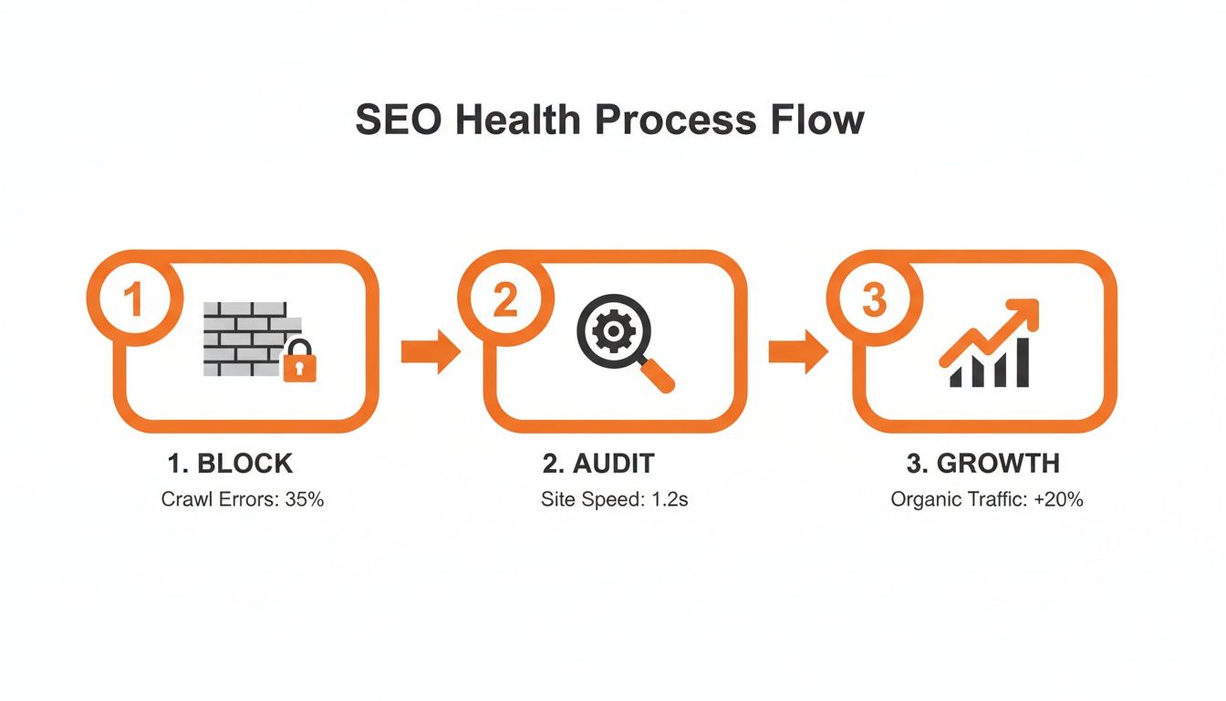A three-step SEO health process flow showing block, audit, and growth phases.