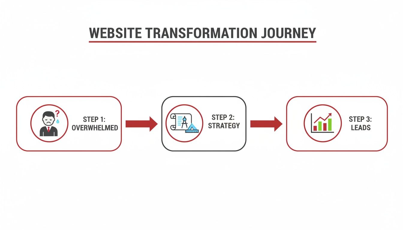 Diagram illustrating website transformation journey: from overwhelmed initial state to strategy, then leads.