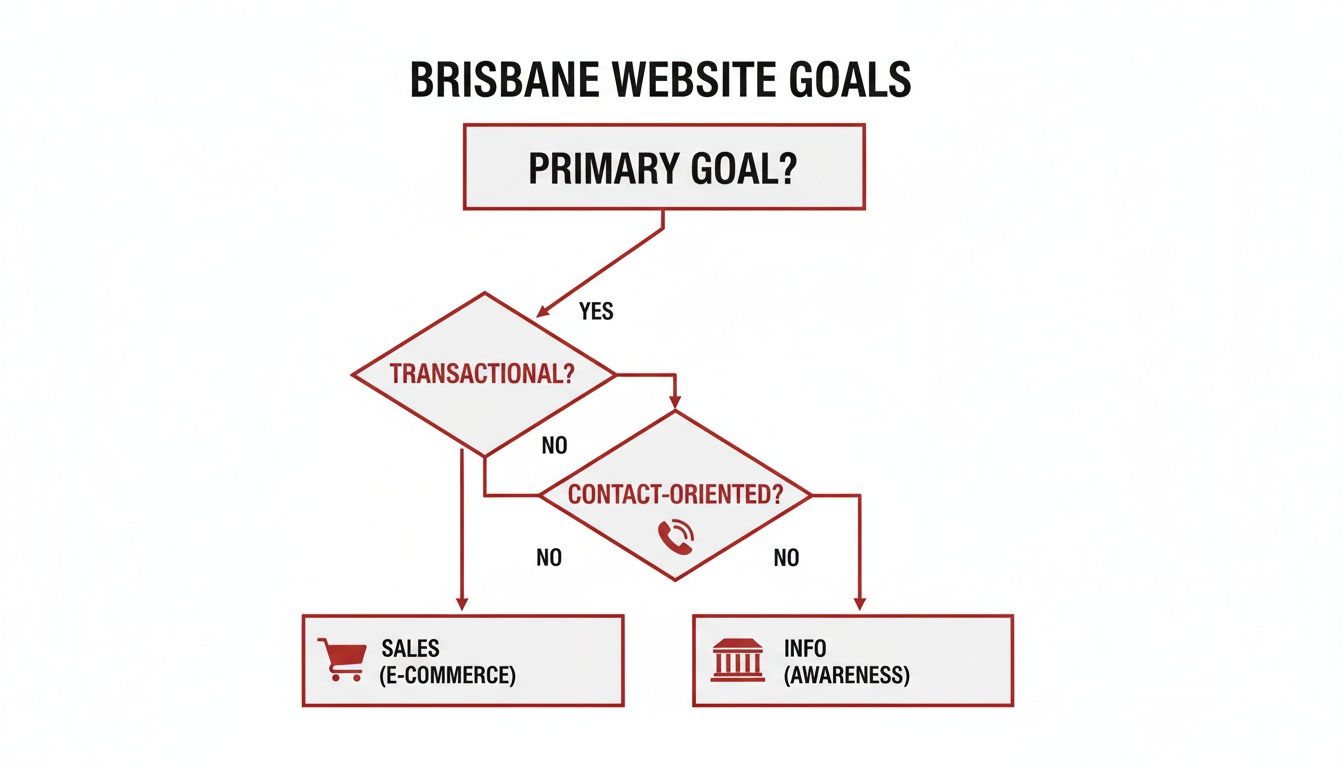 Flowchart identifying Brisbane website primary goals: transactional for sales, contact-oriented, or informational awareness.
