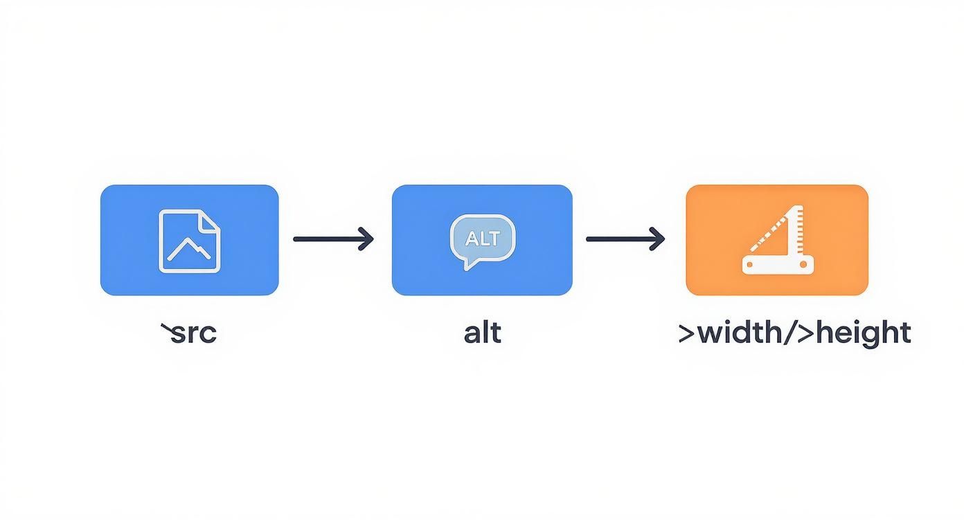 A flowchart illustrating essential HTML image attributes: src, alt text, and width/height dimensions for web accessibility.