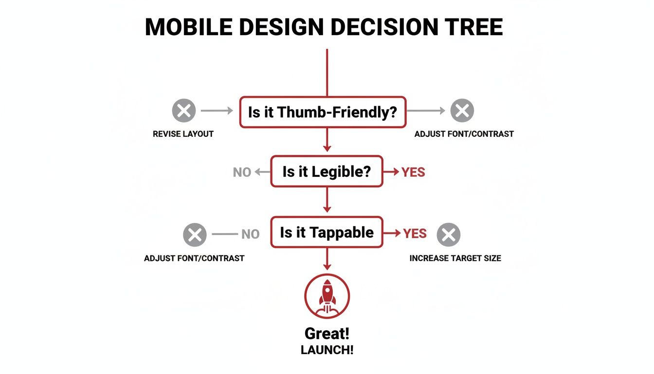 A flowchart for mobile design decisions, checking thumb-friendliness, legibility, and tappability.
