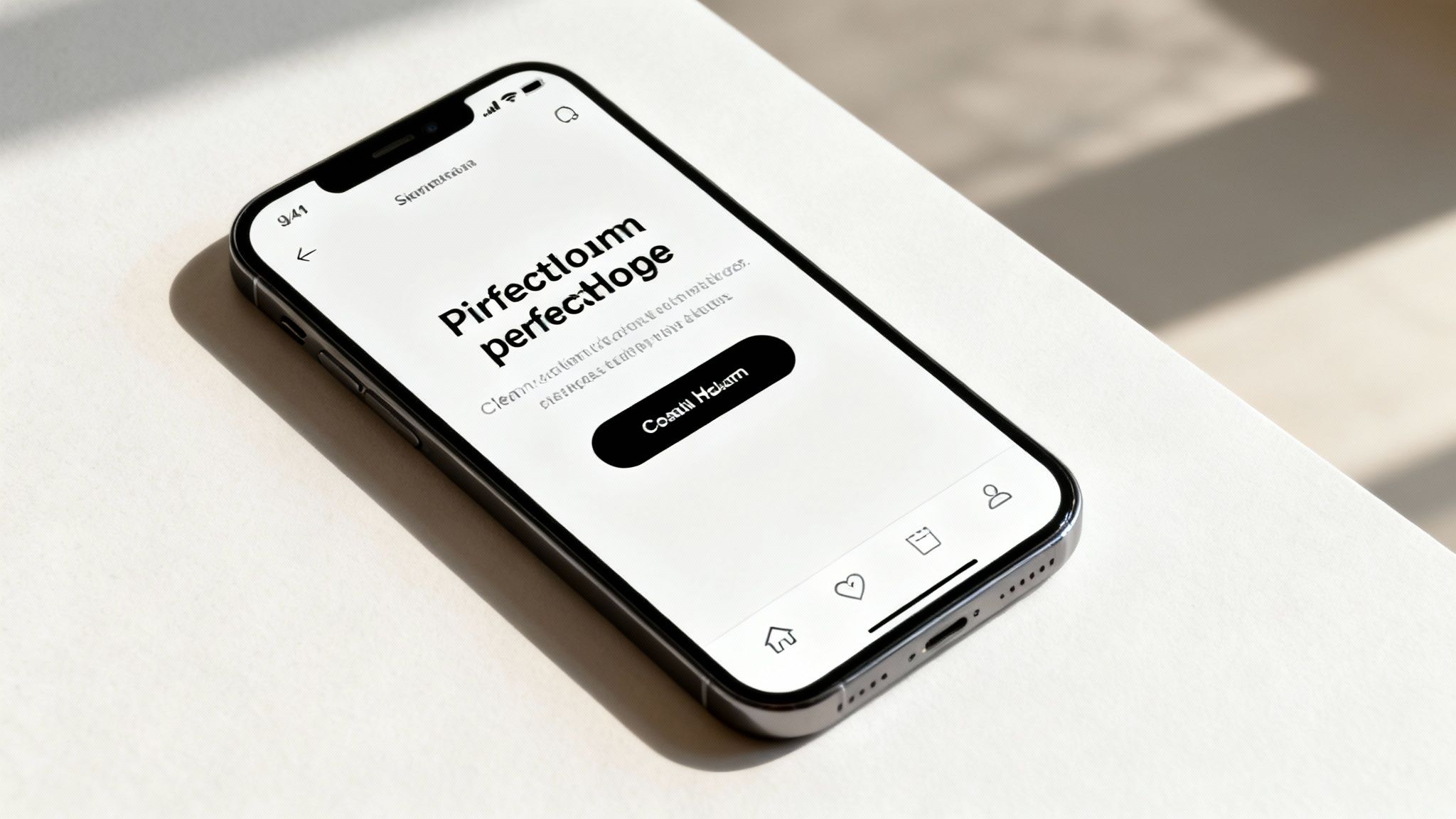 Black smartphone displaying minimalist perfection homepage design with call-to-action button and navigation icons