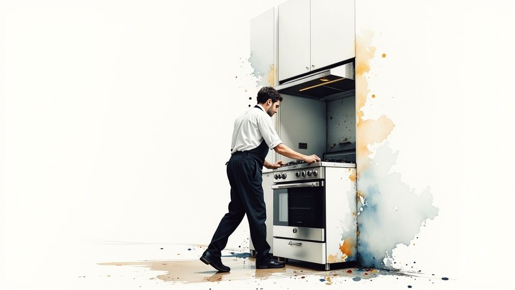 A person in uniform deep cleaning a commercial kitchen oven