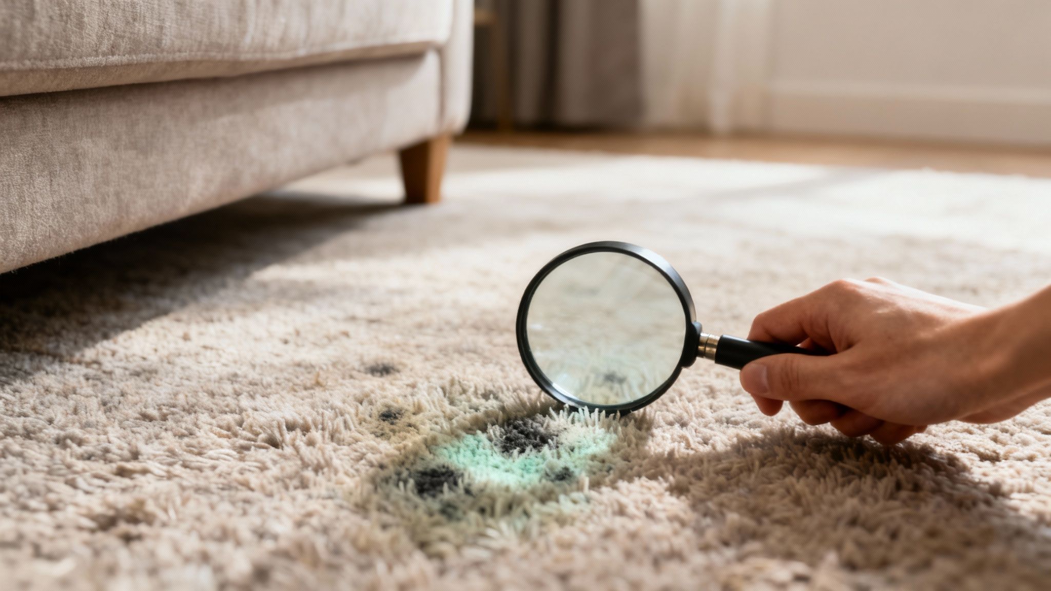 Mould growing on a light-coloured carpet in a home.
