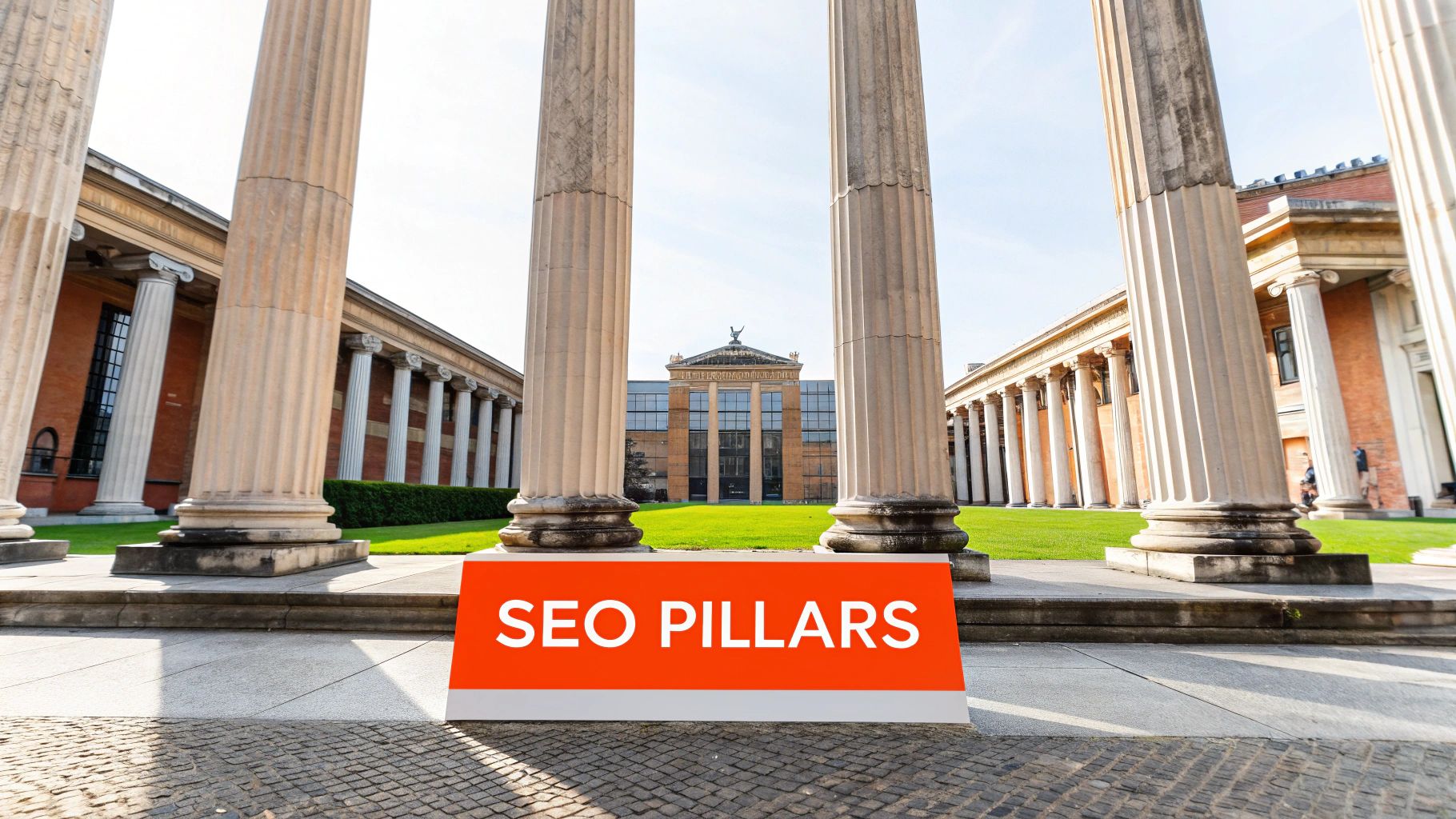 Four stylised pillars representing the core components of an AI SEO strategy, such as content, keywords, technical SEO, and link building.