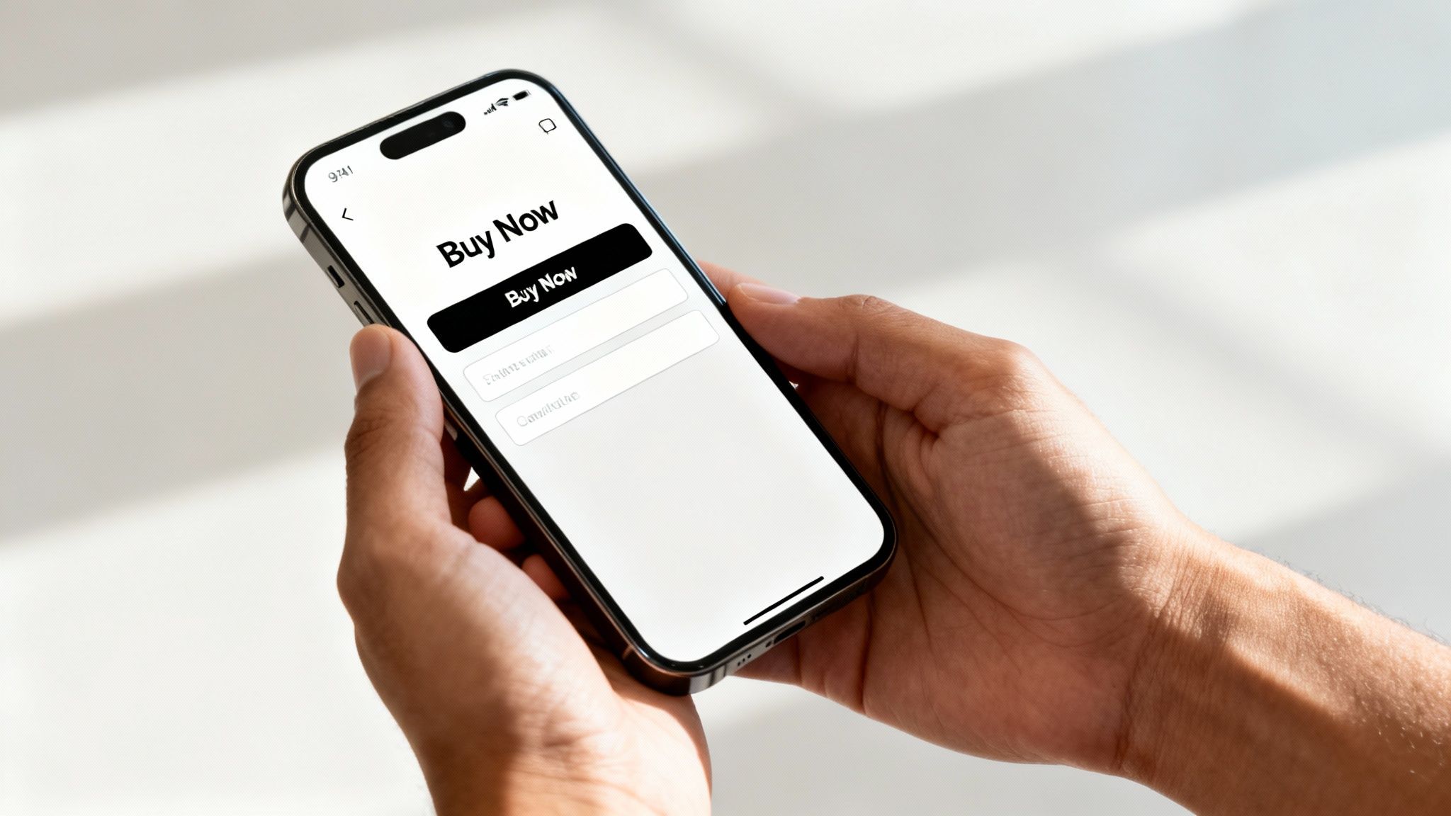 Close-up of hands holding a smartphone displaying a 'Buy Now' e-commerce checkout page with text input fields.