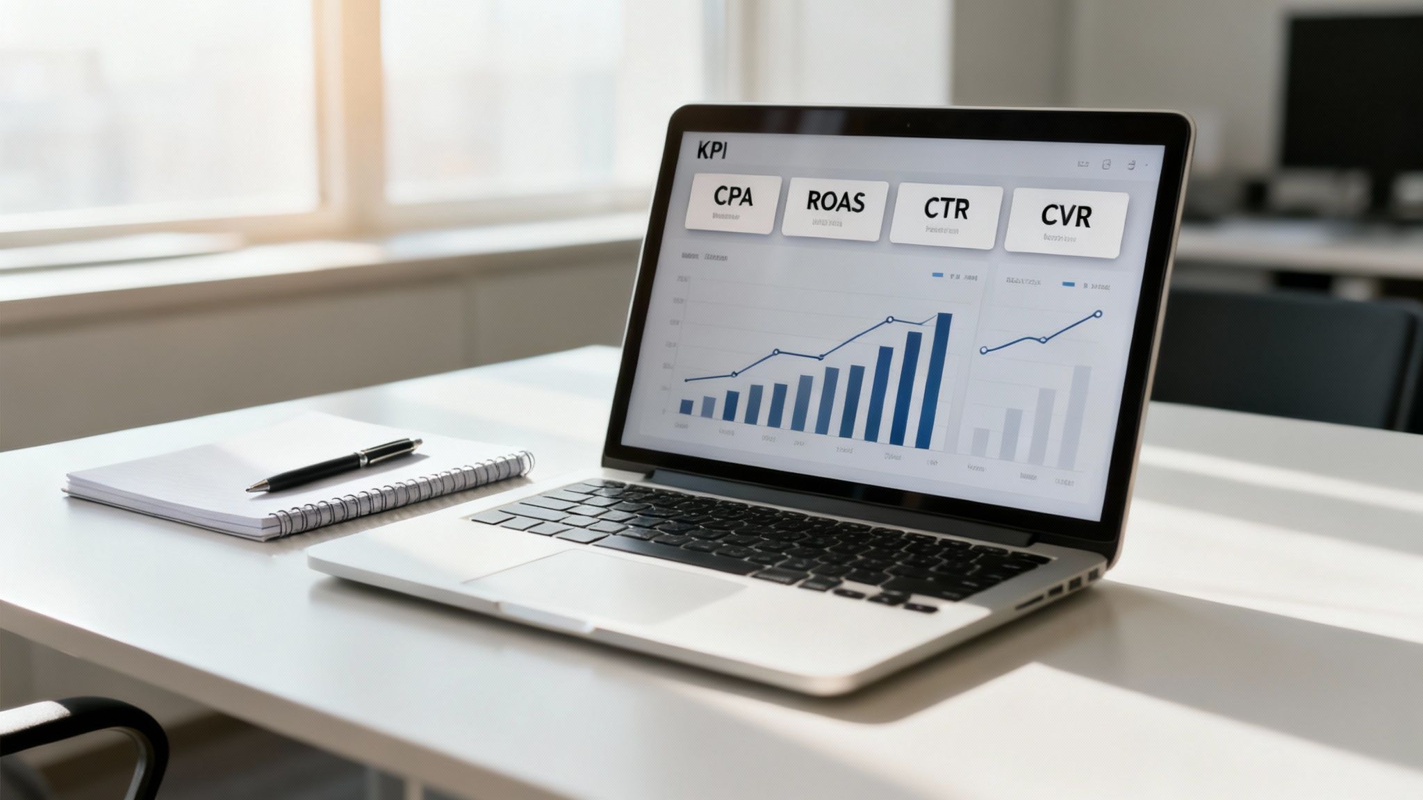 Laptop on a white desk displaying a performance marketing KPI dashboard with graphs in a bright office.