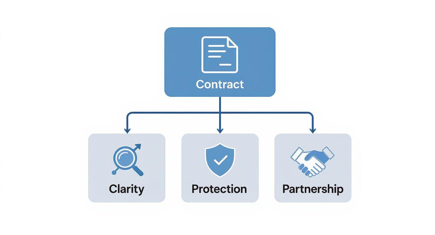 Contract flowchart showing three key elements: clarity, protection, and partnership for commercial agreements