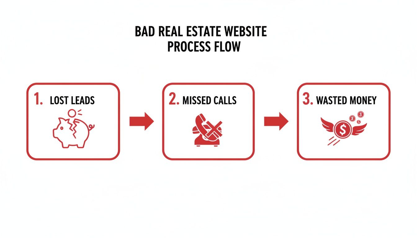 A flowchart illustrates the negative consequences of a bad real estate website: lost leads, missed calls, and wasted money.