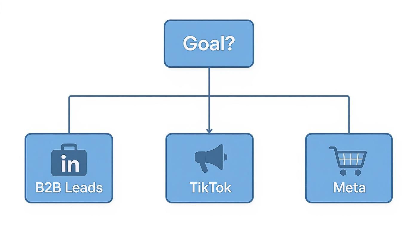 Flowchart illustrating social media ad strategies: LinkedIn for B2B leads, TikTok, and Meta platforms.