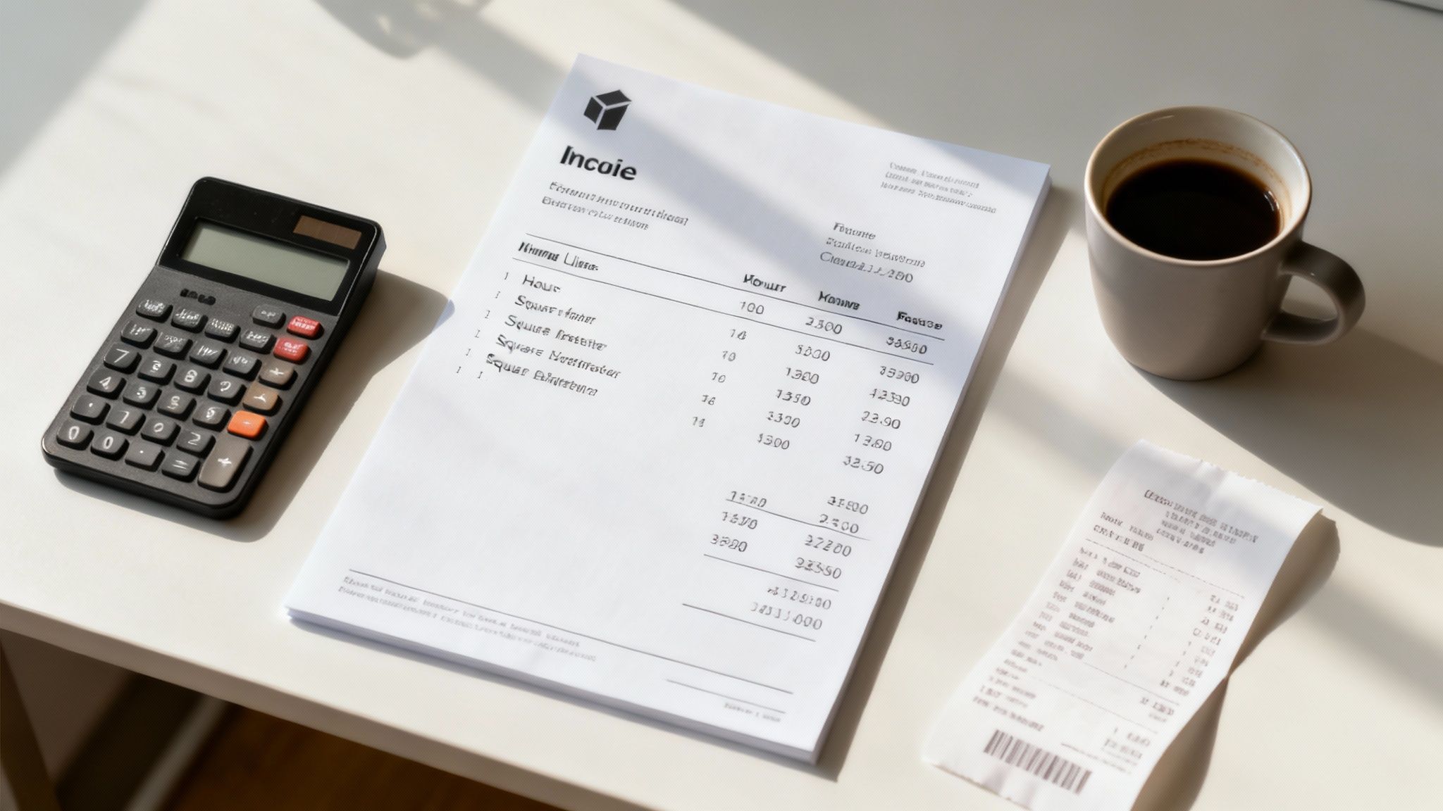 A calculator and a pen lying on top of a commercial cleaning contract, illustrating the financial aspect of the agreement.