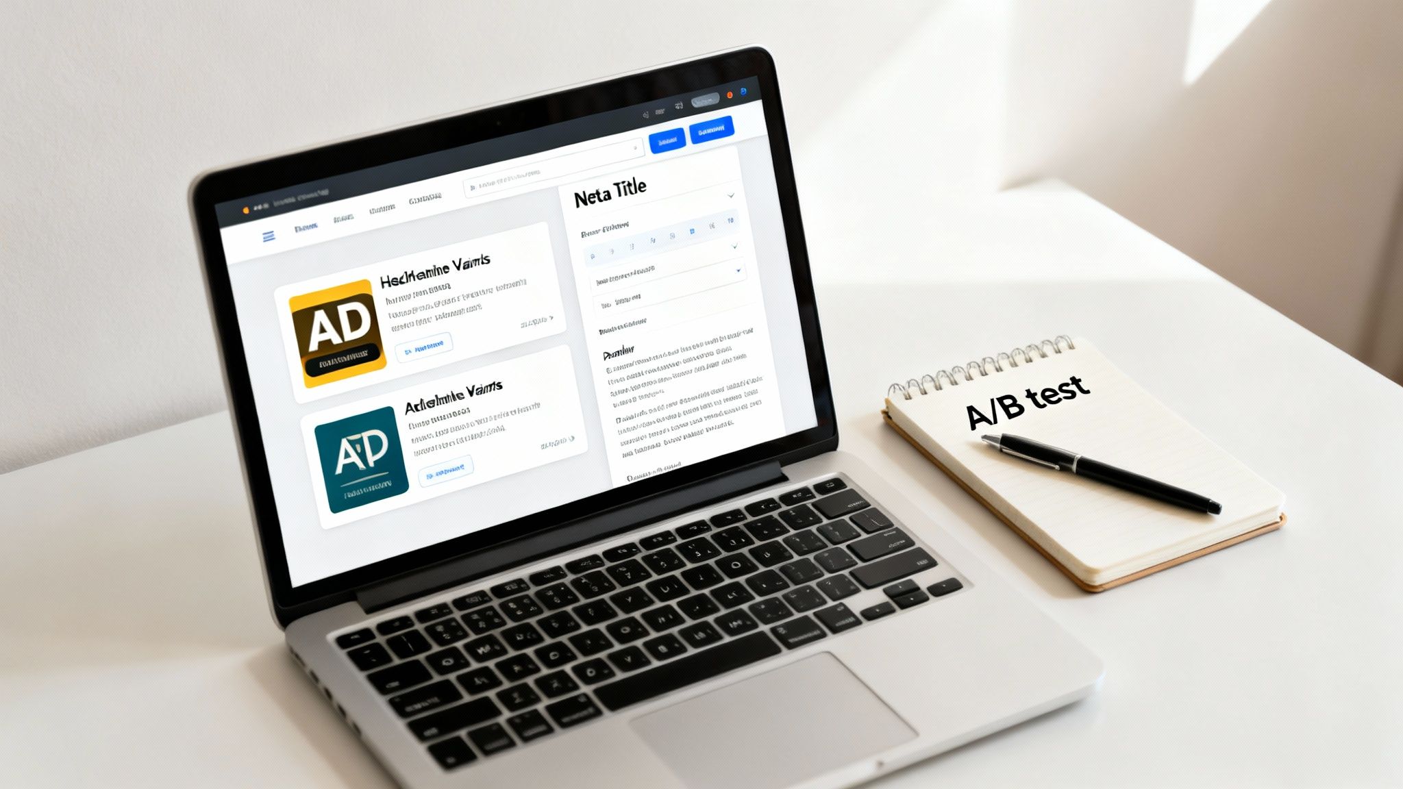 A laptop displaying an ad management platform next to a notebook with 'A/B test' written on it.