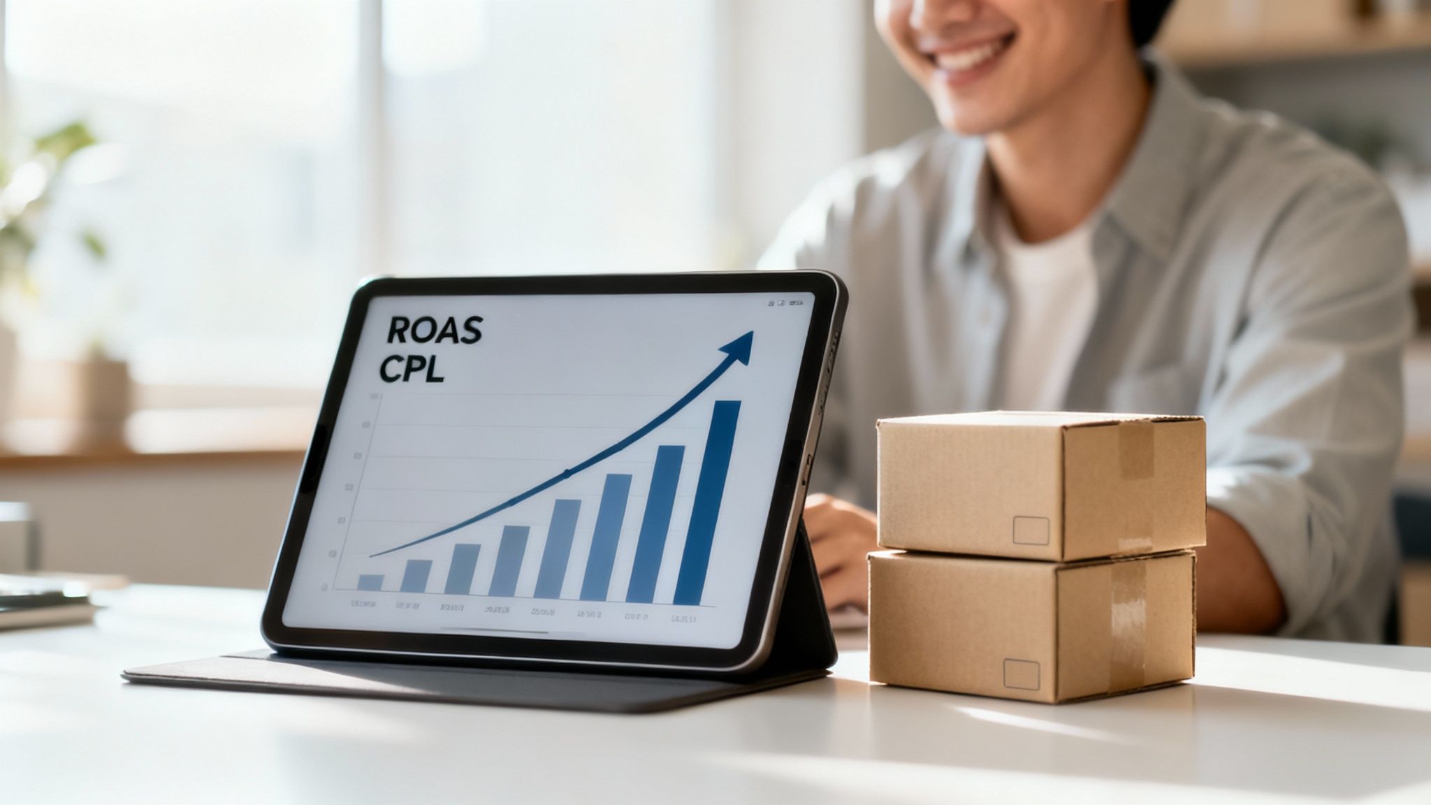 A smiling person views a tablet displaying a ROAS/CPL growth chart next to shipping boxes.
