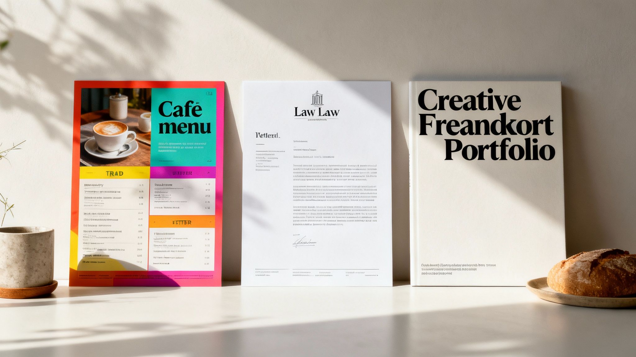 A vibrant cafe menu, a professional law firm letterhead, and a 'Creative Freandkort Portfolio' book on a table.