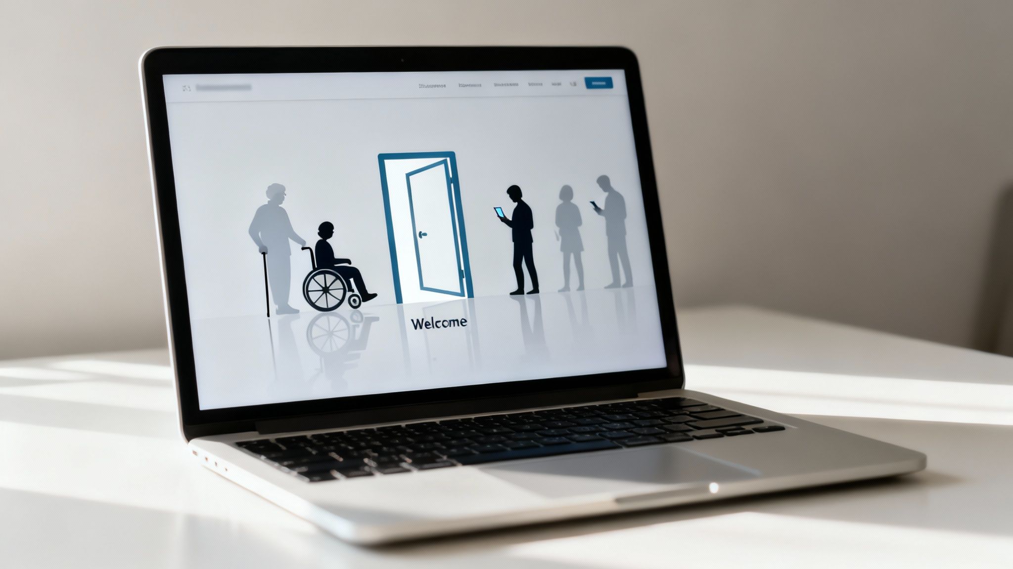 A laptop displays a graphic with diverse silhouettes, including a person in a wheelchair, near an open 'Welcome' door, symbolizing digital accessibility.