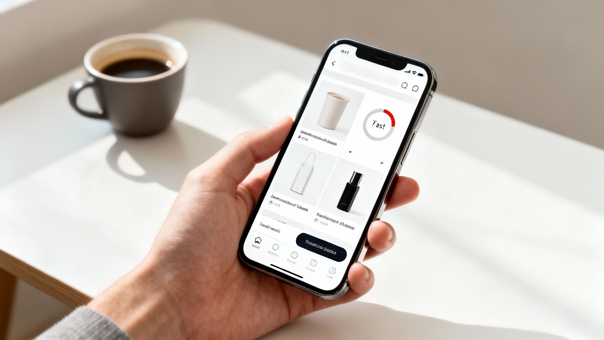 A hand holds a smartphone showing an e-commerce app with product listings and a coffee cup.