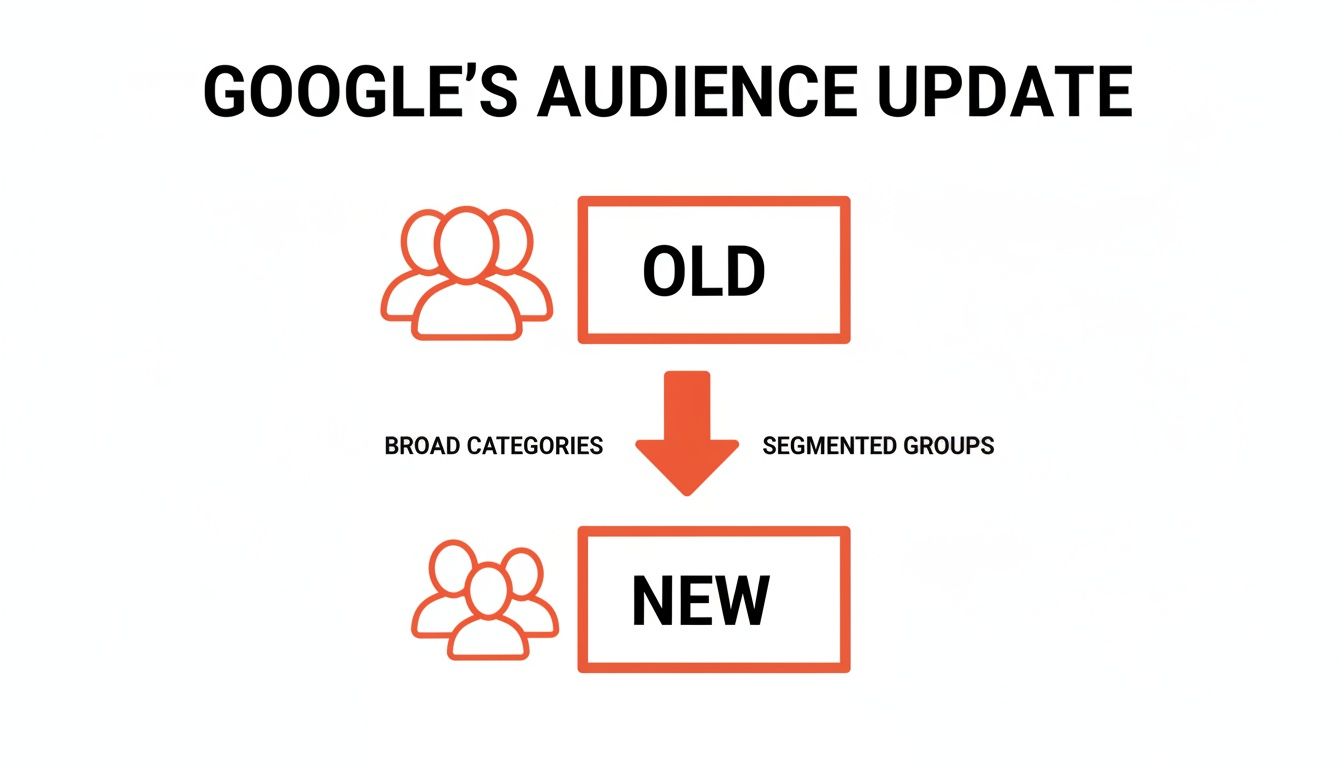 Google's audience update flow, showing a shift from broad categories to segmented groups for better targeting.