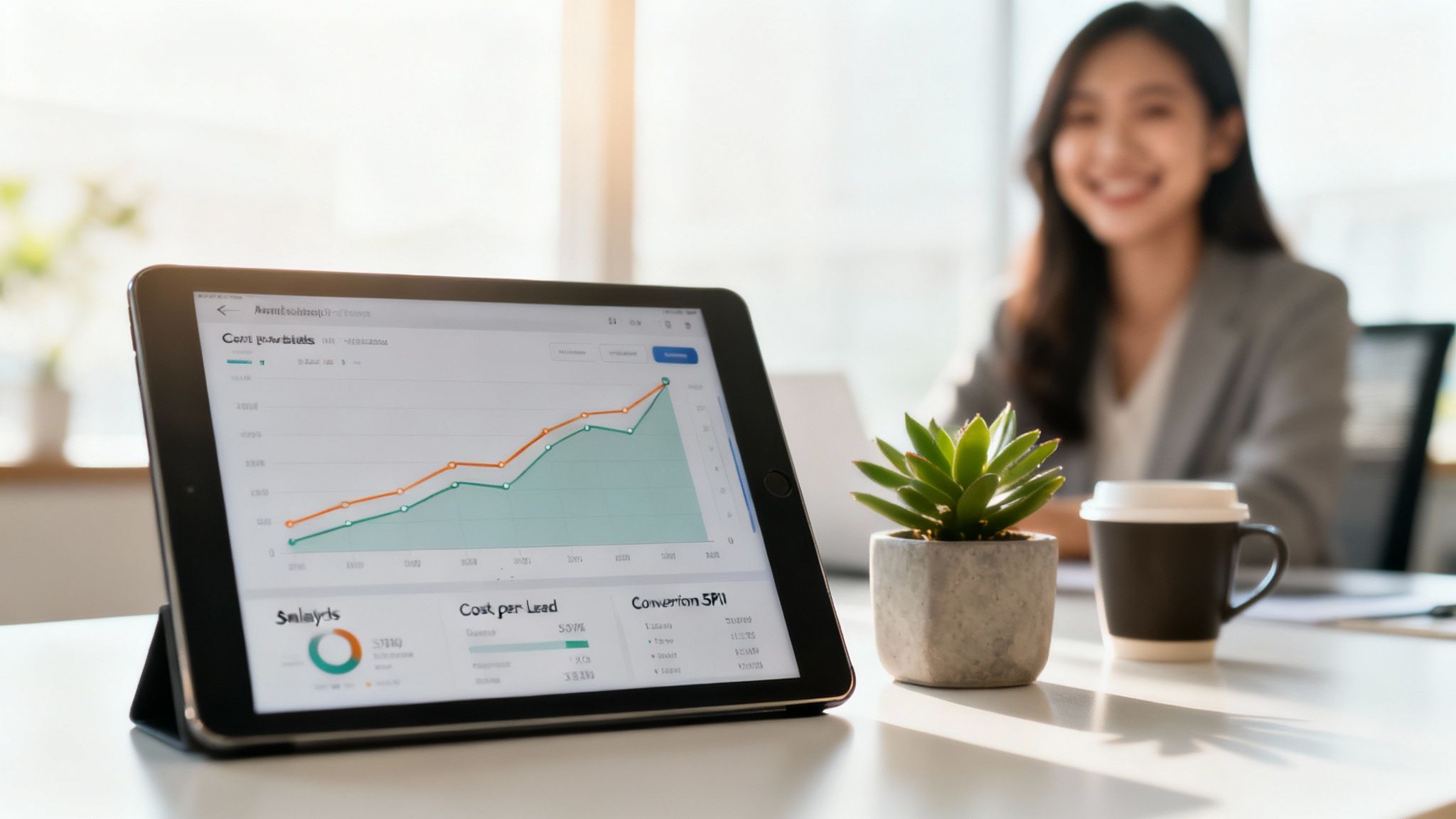 A bar graph showing upward trending business growth metrics like sales and leads on a digital screen.