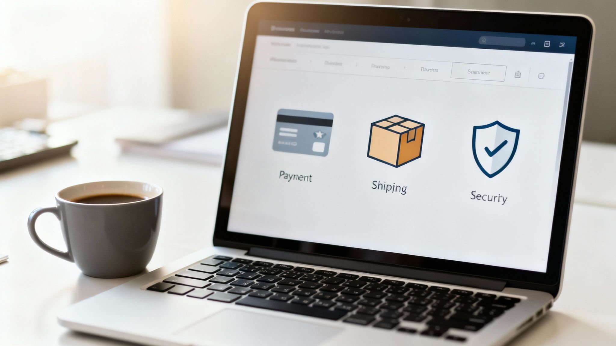 Laptop screen displaying e-commerce website features: payment, shipping, and security options, with a coffee cup.