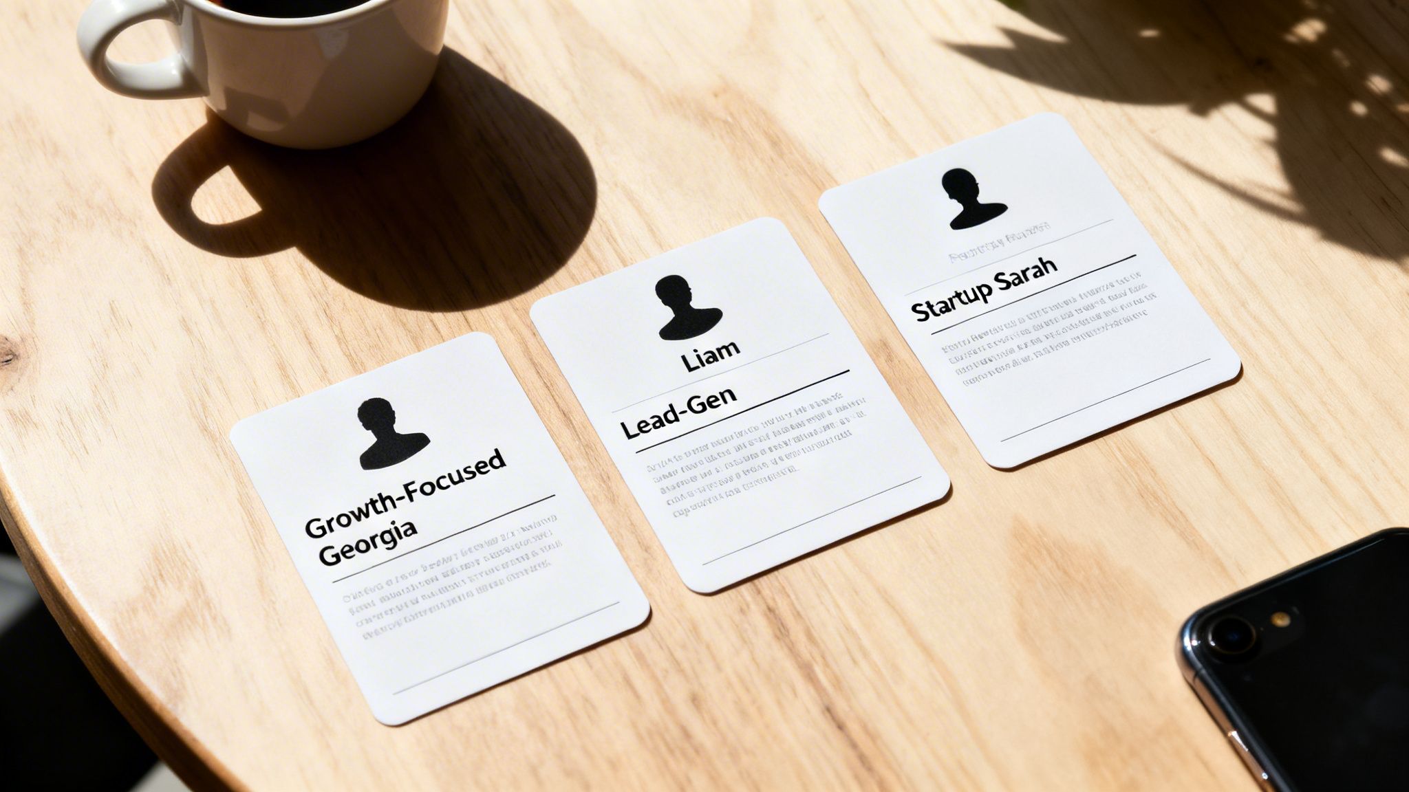 Three white persona cards with profiles and text on a wooden table next to a coffee cup.