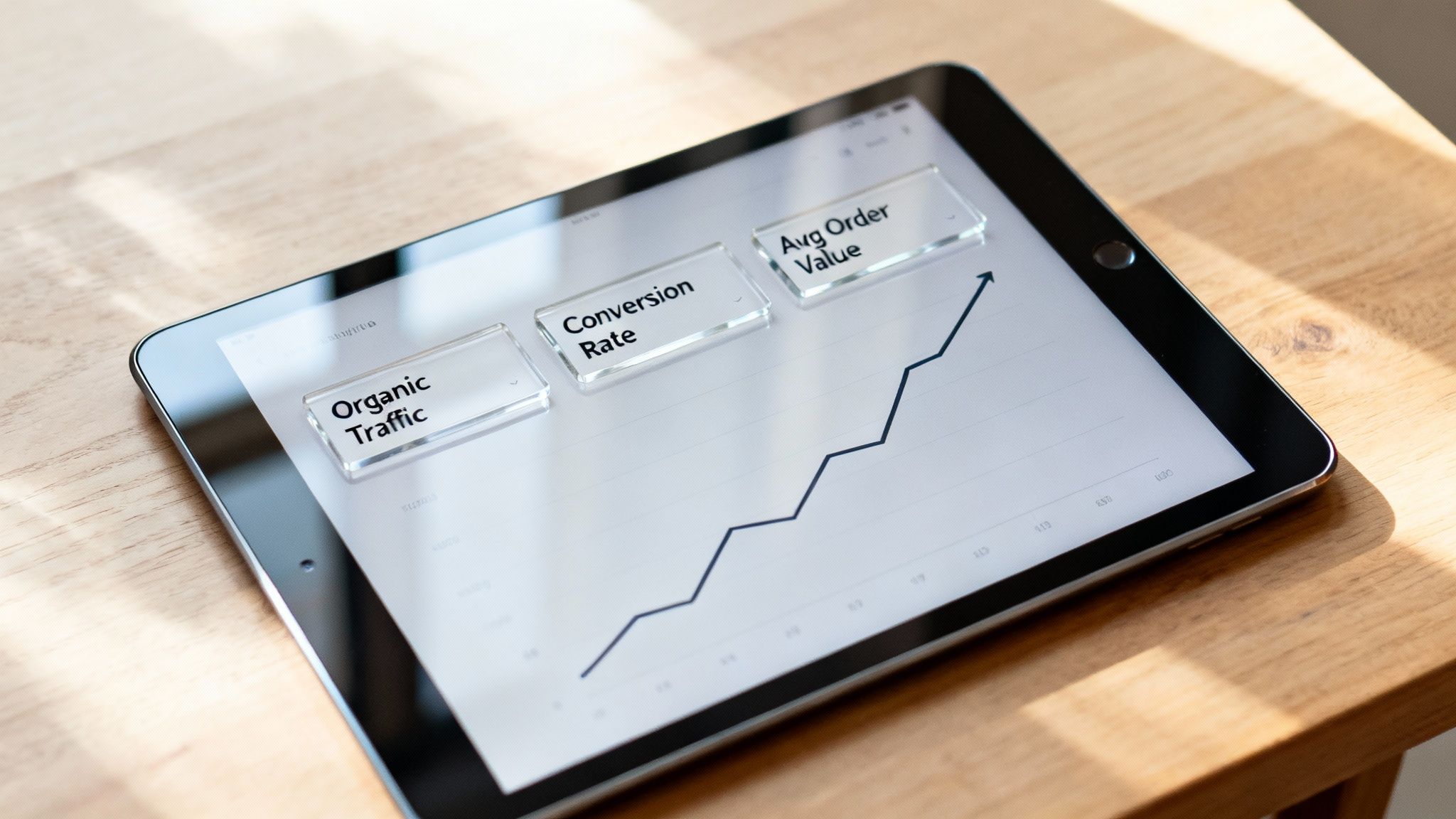 Tablet displaying a rising graph and e-commerce metrics: Organic Traffic, Conversion Rate, Average Order Value.