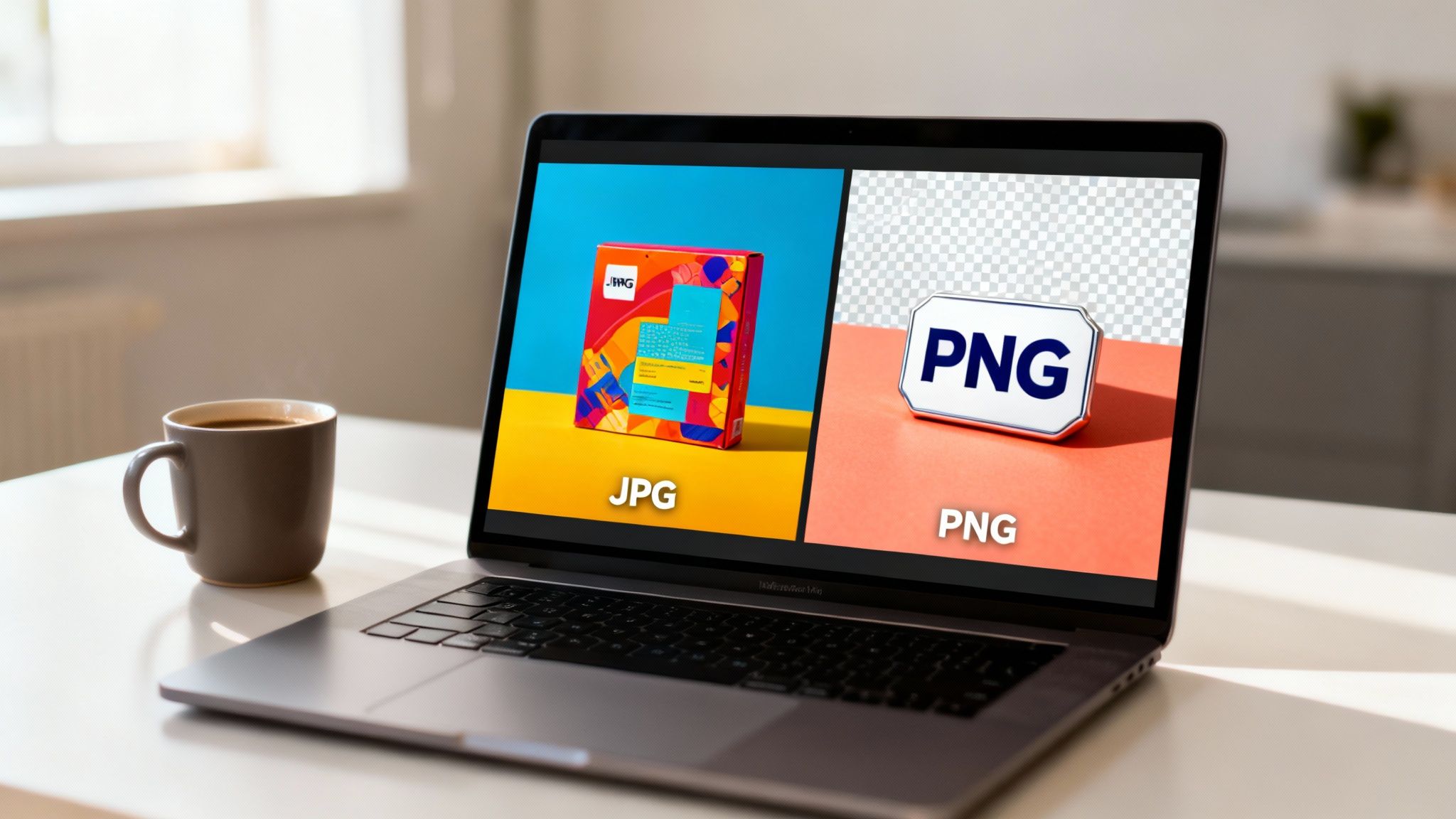 A laptop displays a side-by-side comparison of JPG and PNG image formats on a white desk.