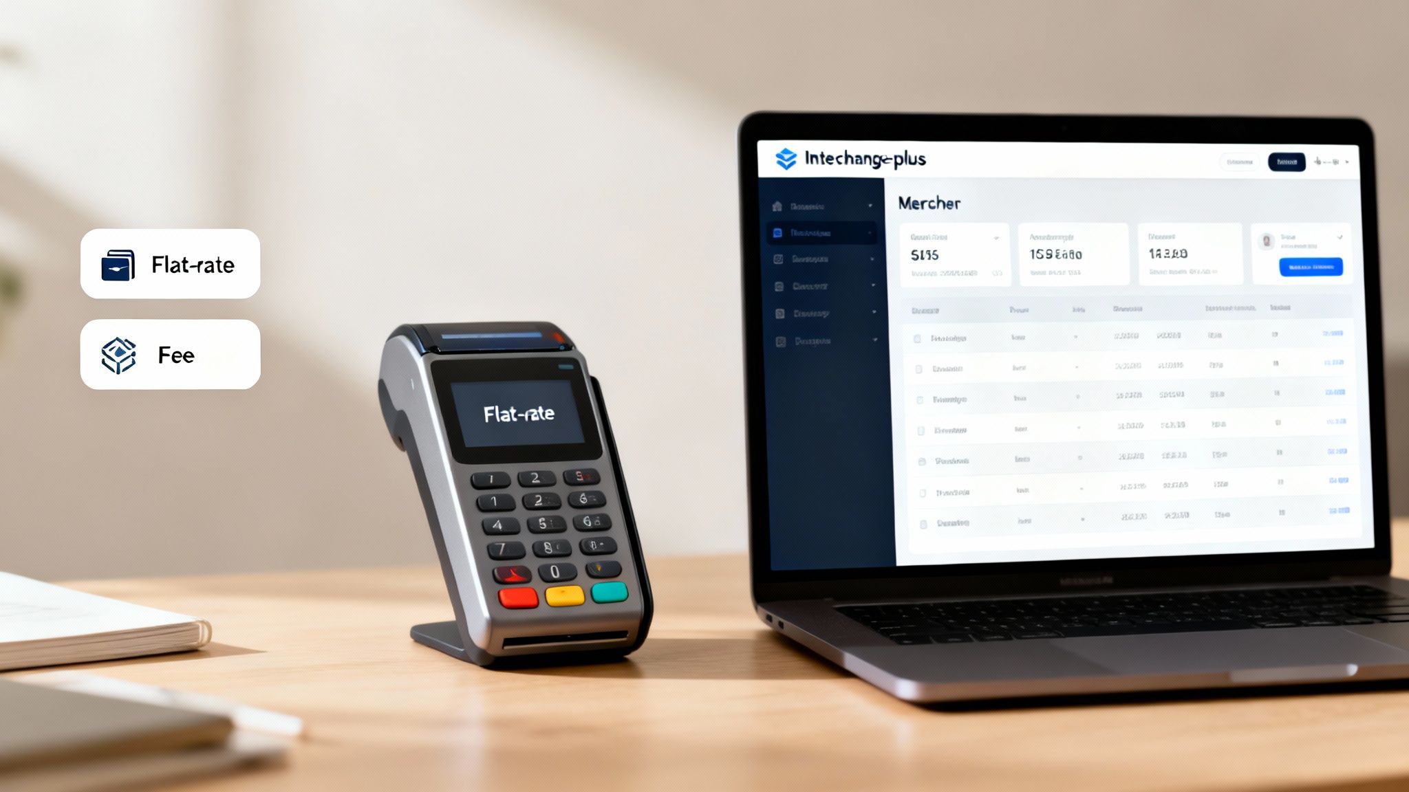 A payment terminal and laptop display financial data, highlighting flat-rate and fee credit card processing options.