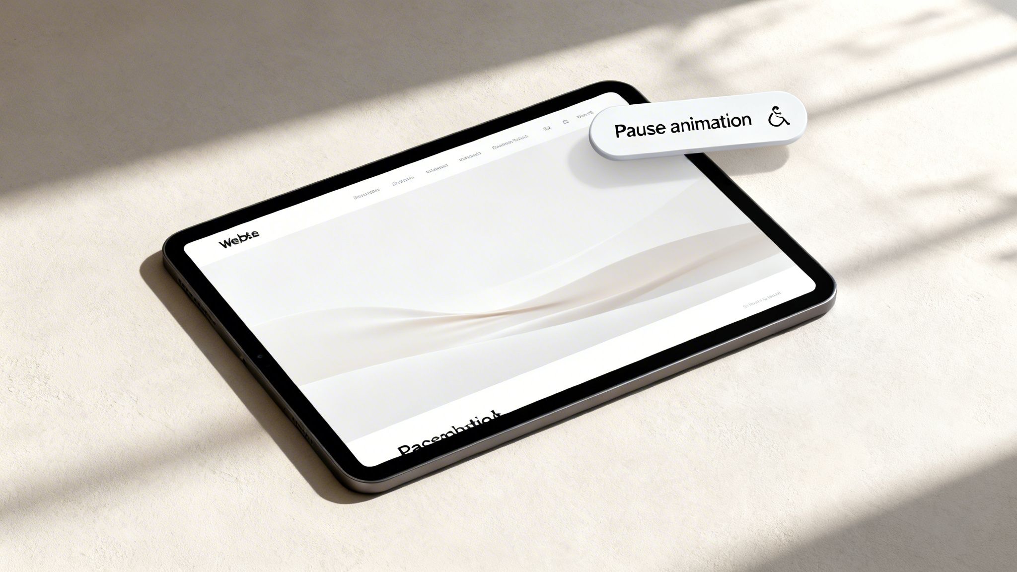A tablet on a light surface displays a website with "Webte" logo and a "Pause animation" banner.
