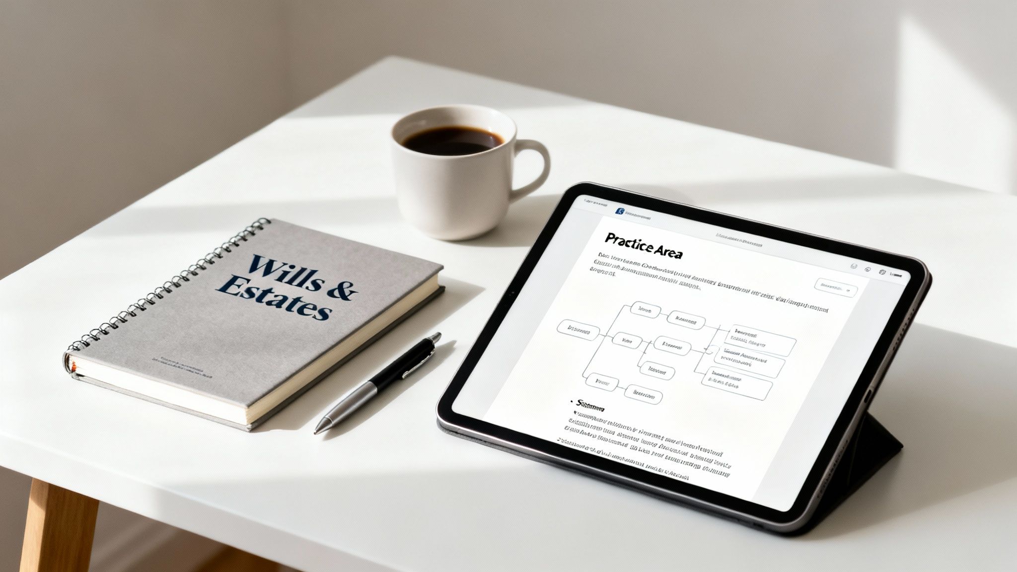 White desk with 'Wills & Estates' notebook, pen, coffee, and tablet displaying a legal practice document.