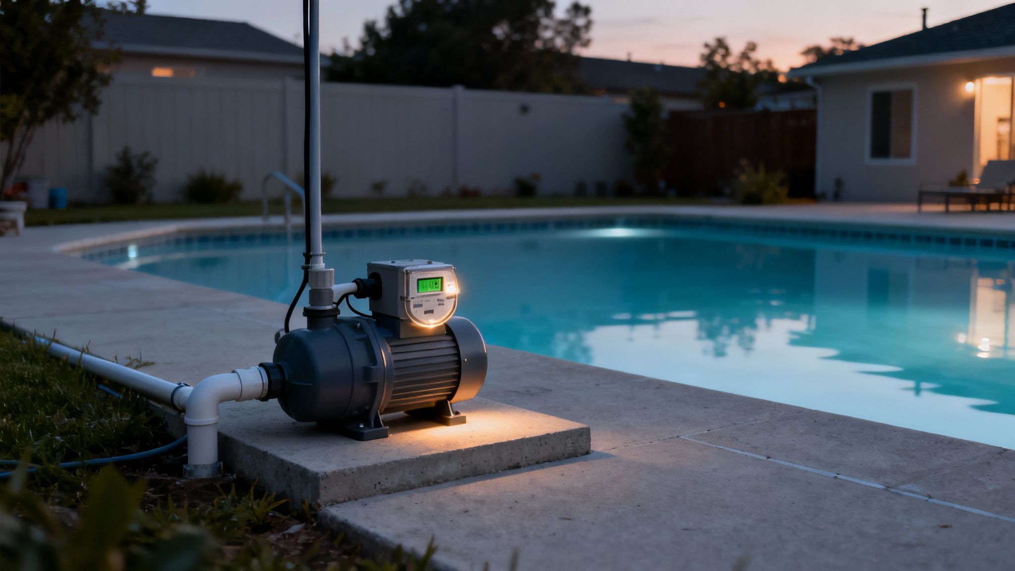 A collection of pool chemicals including chlorine tablets and testing strips arranged neatly.