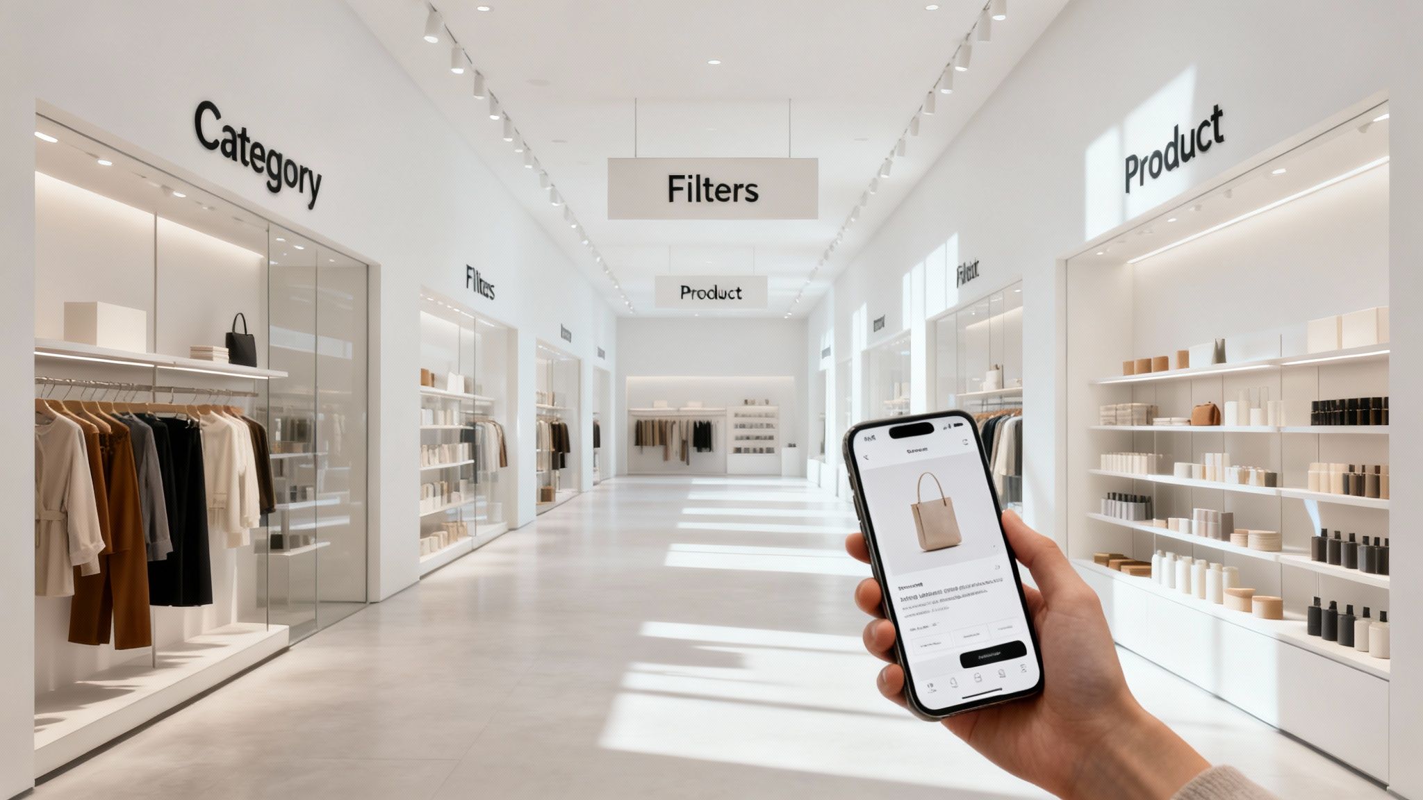 Hand holding a smartphone displaying an e-commerce product page inside a modern, minimalist retail store.