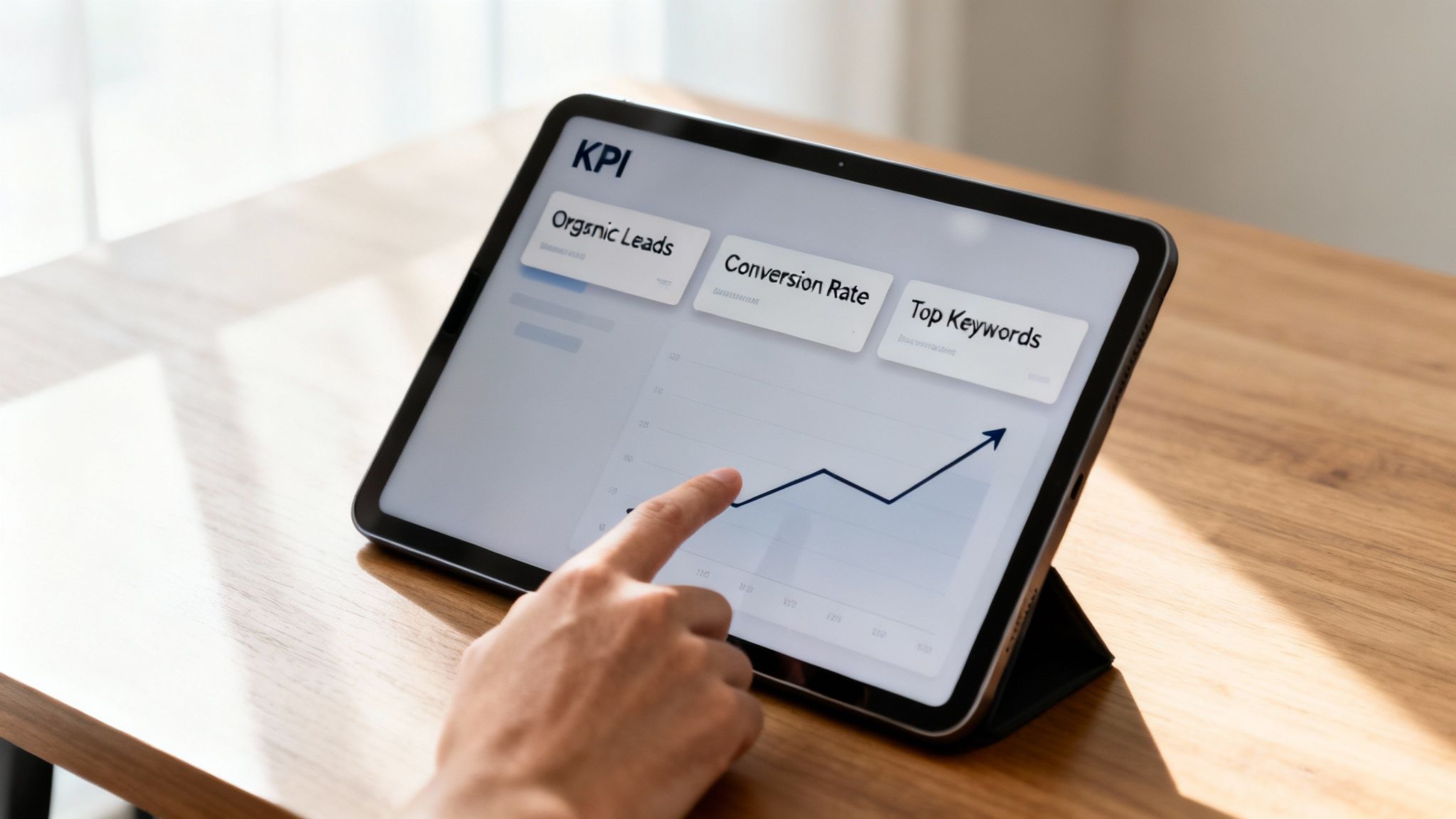 A person's hand points at a tablet screen displaying a KPI dashboard with a trending graph.