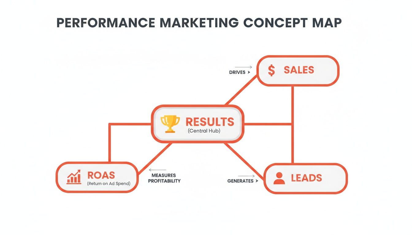 Performance marketing concept map showing 'Results' as the central hub, driving sales and generating leads, with ROAS measuring profitability.