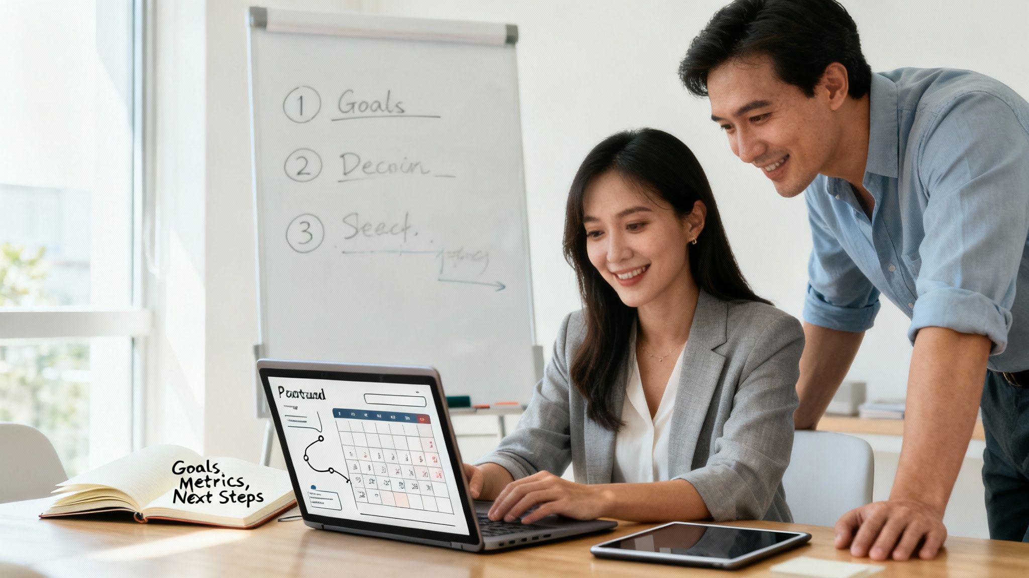 Two people shaking hands over a table with laptops and coffee.
