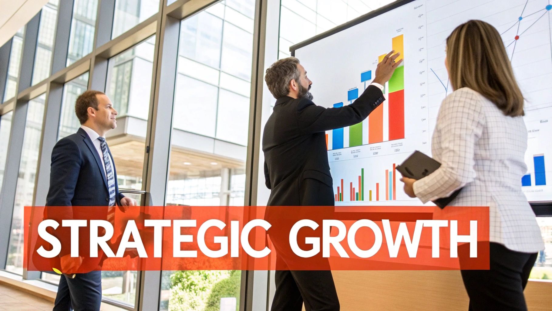 A graph with an upward-trending arrow superimposed over a cityscape, symbolizing business growth and strategic success.