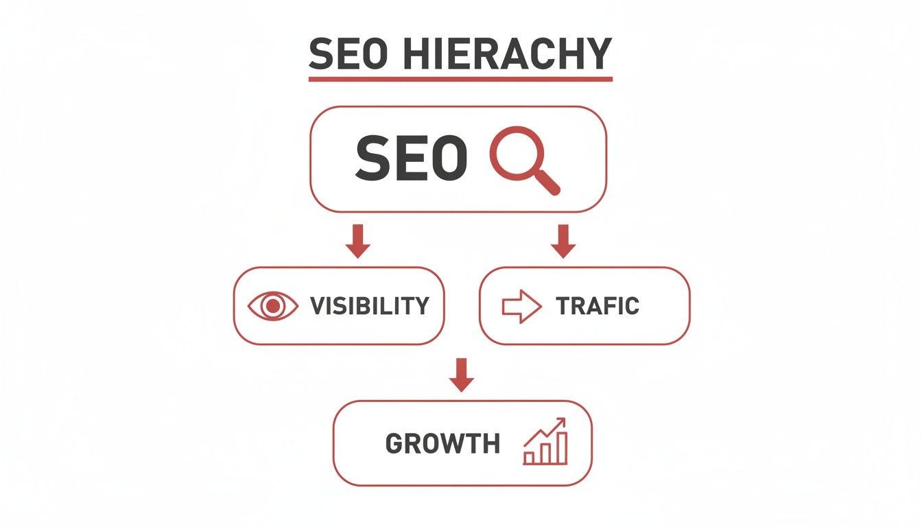A flowchart illustrating the SEO hierarchy, showing SEO leading to visibility and traffic, which then leads to growth.