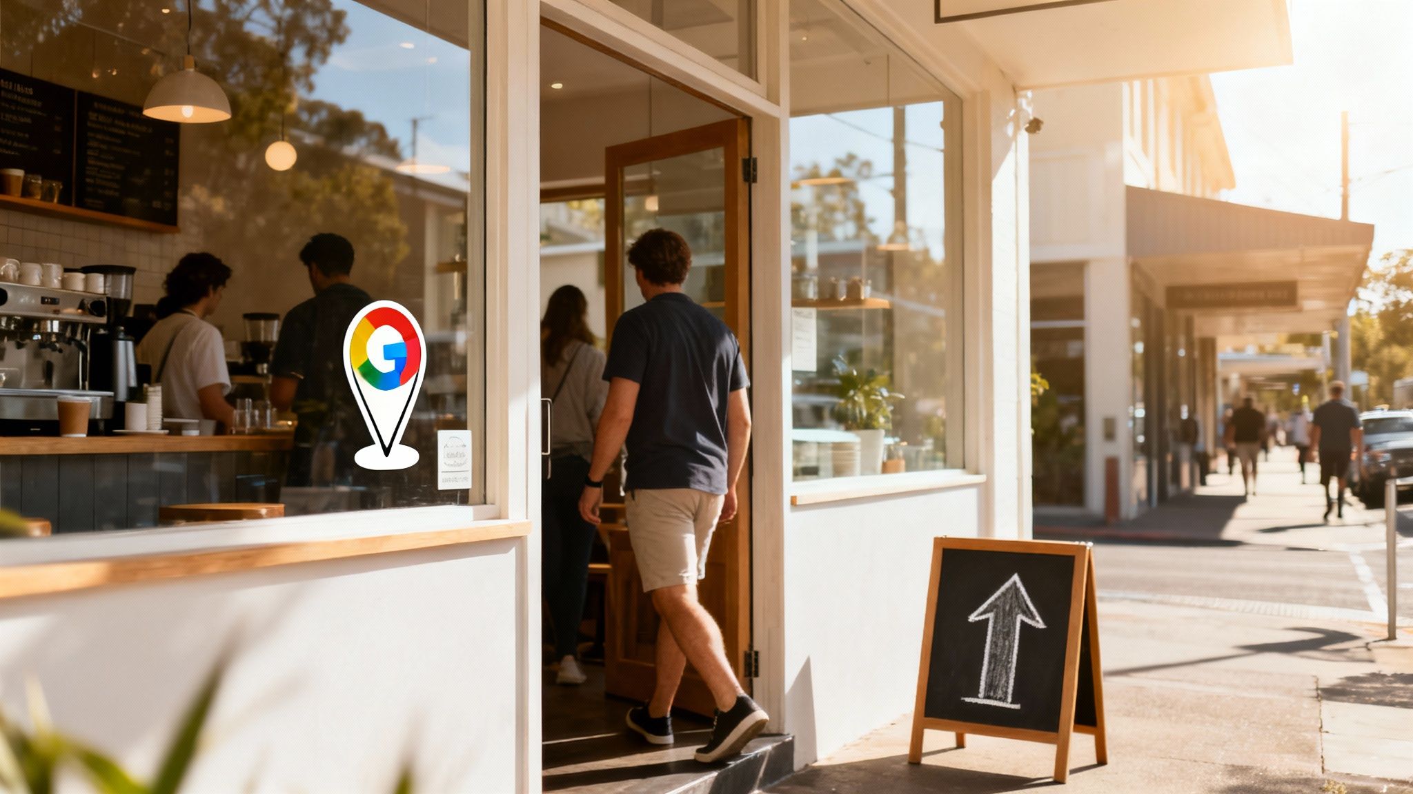 Customers enter a cafe displaying a prominent Google Maps local business sticker.
