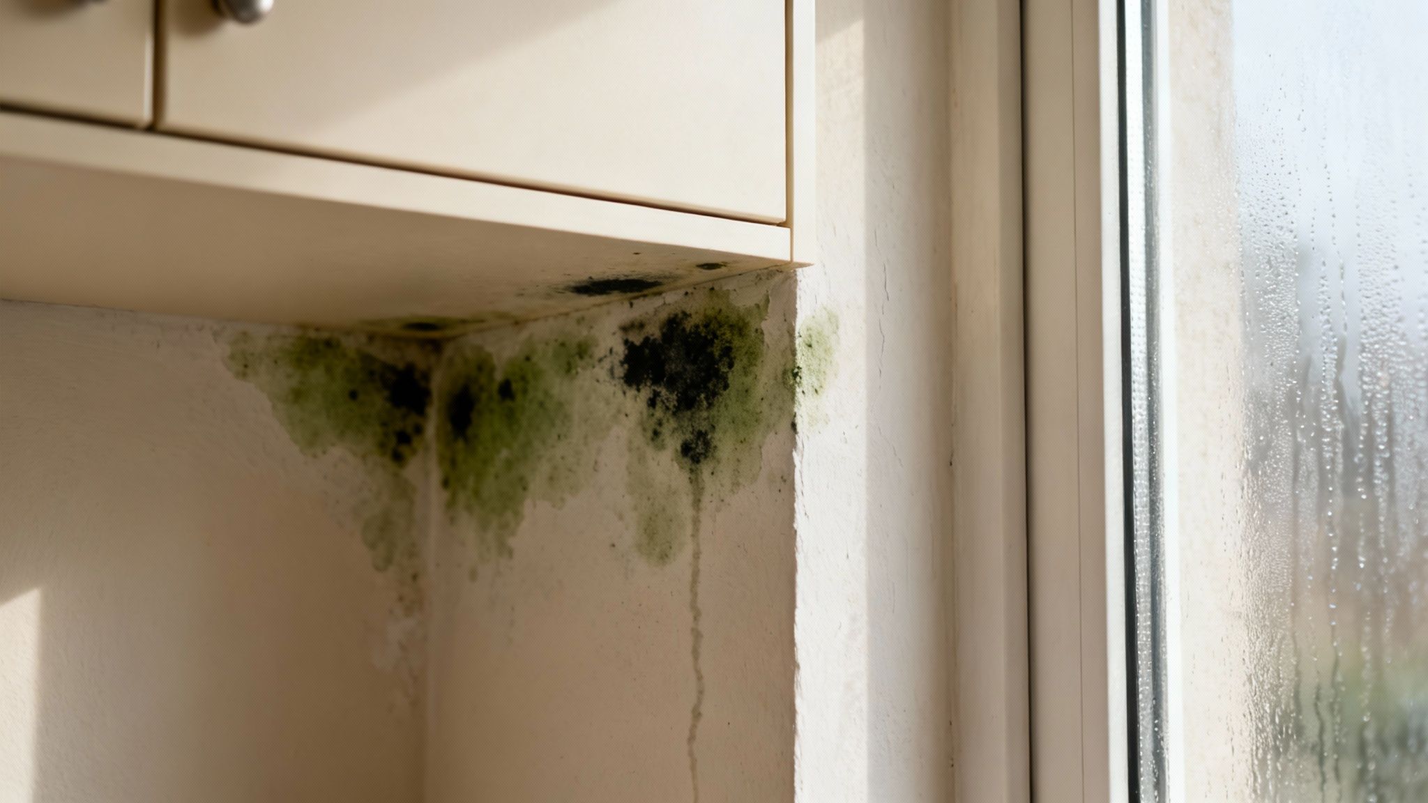 Black and green mold growth spreading on white wall beneath kitchen cabinet near window