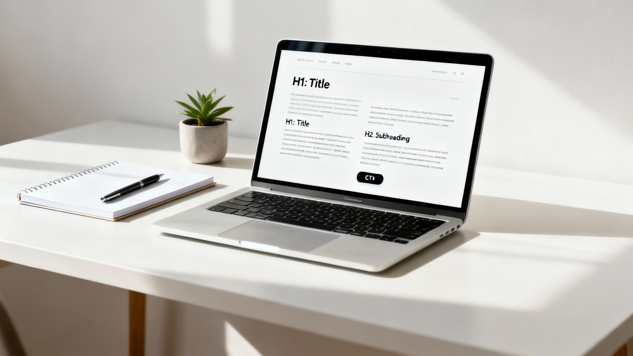 A laptop on a white desk showing a webpage with H1 and H2 headings, a notebook, and a plant.