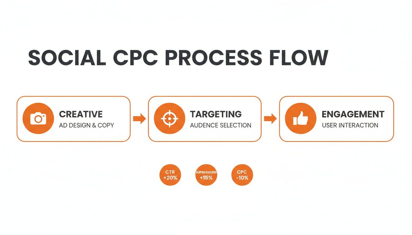 Social CPC process flow showing creative, targeting, and engagement stages with performance metrics.