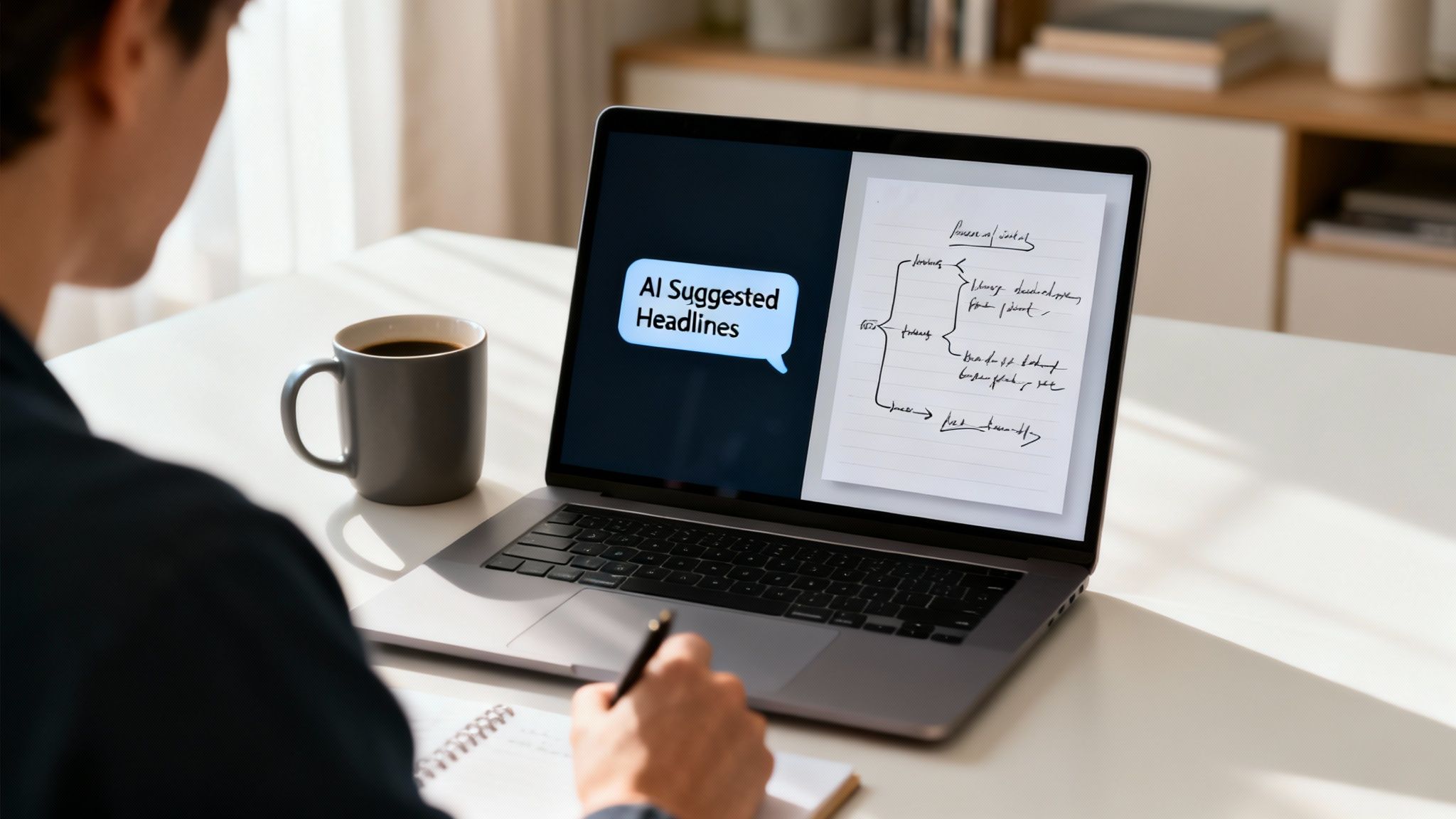 Over-the-shoulder view of a person working on SEO copywriting with AI headline suggestions.